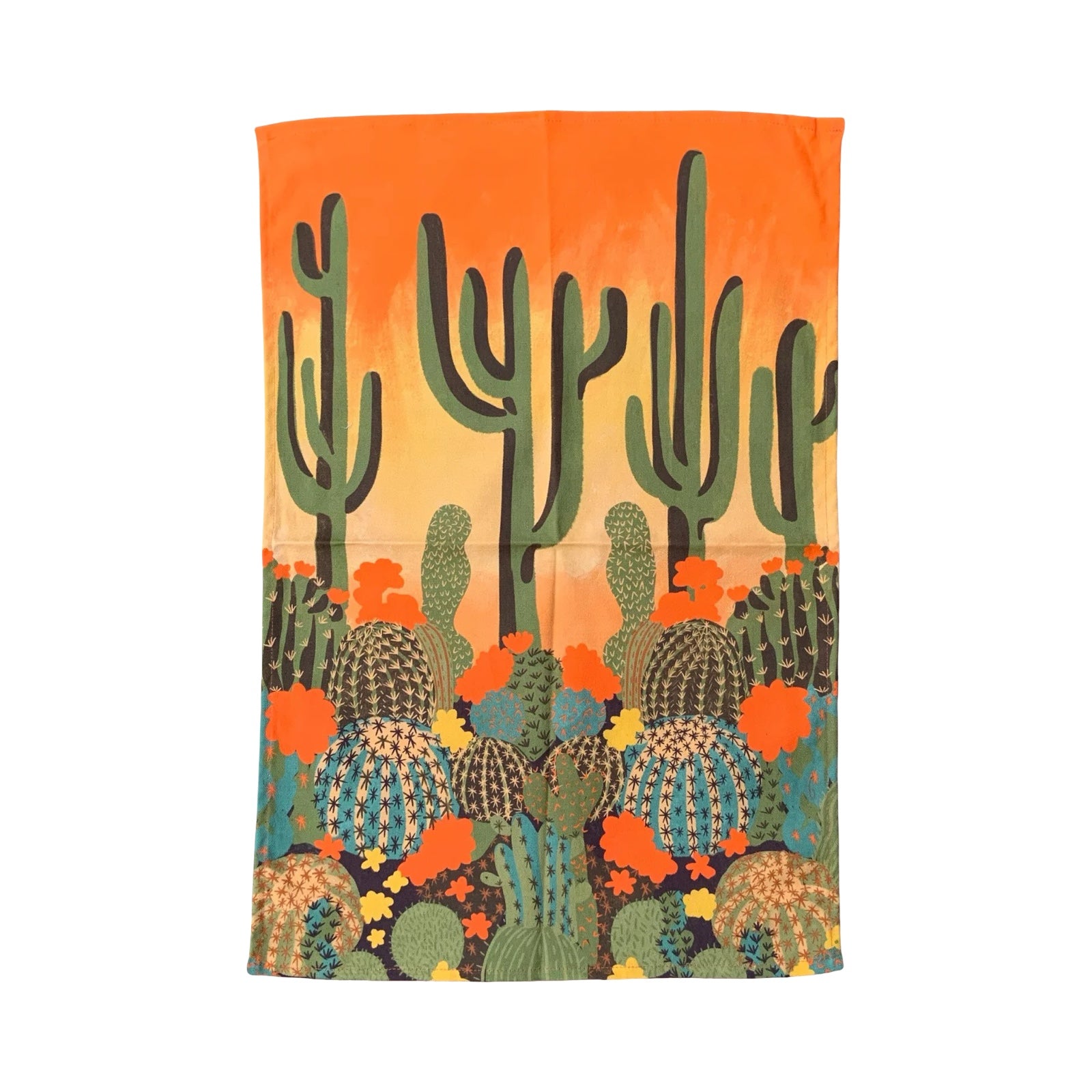 Tea towel with cactus design on an orange background.