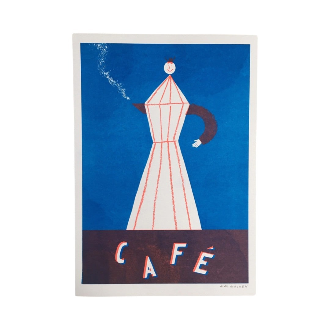 Risograph print, of a white and red striped coffee pot against a blue background.