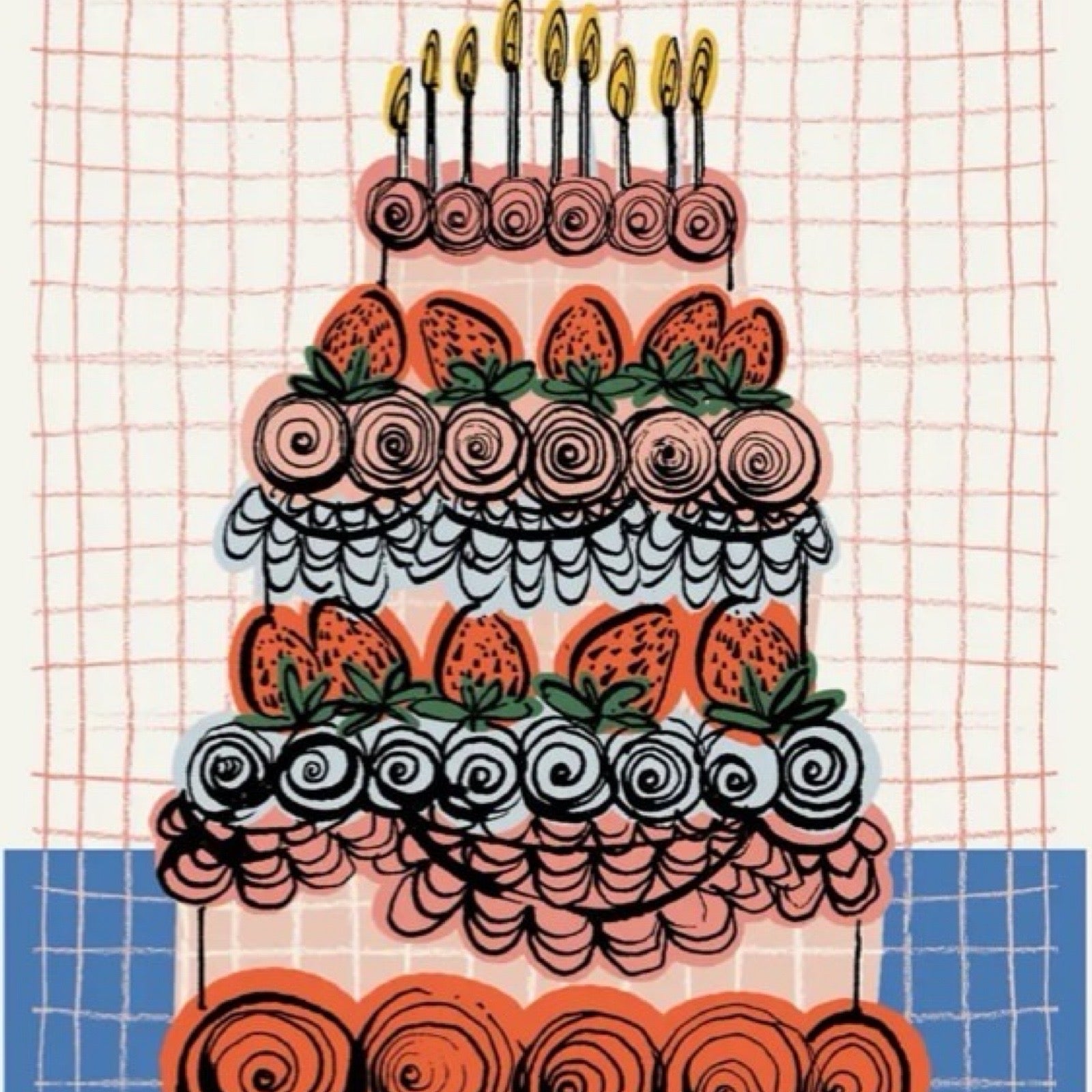 Birthday card featuring an illustration of a huge tiered birthday cake hand-drawn and the text 'cake for breakfast' underneath