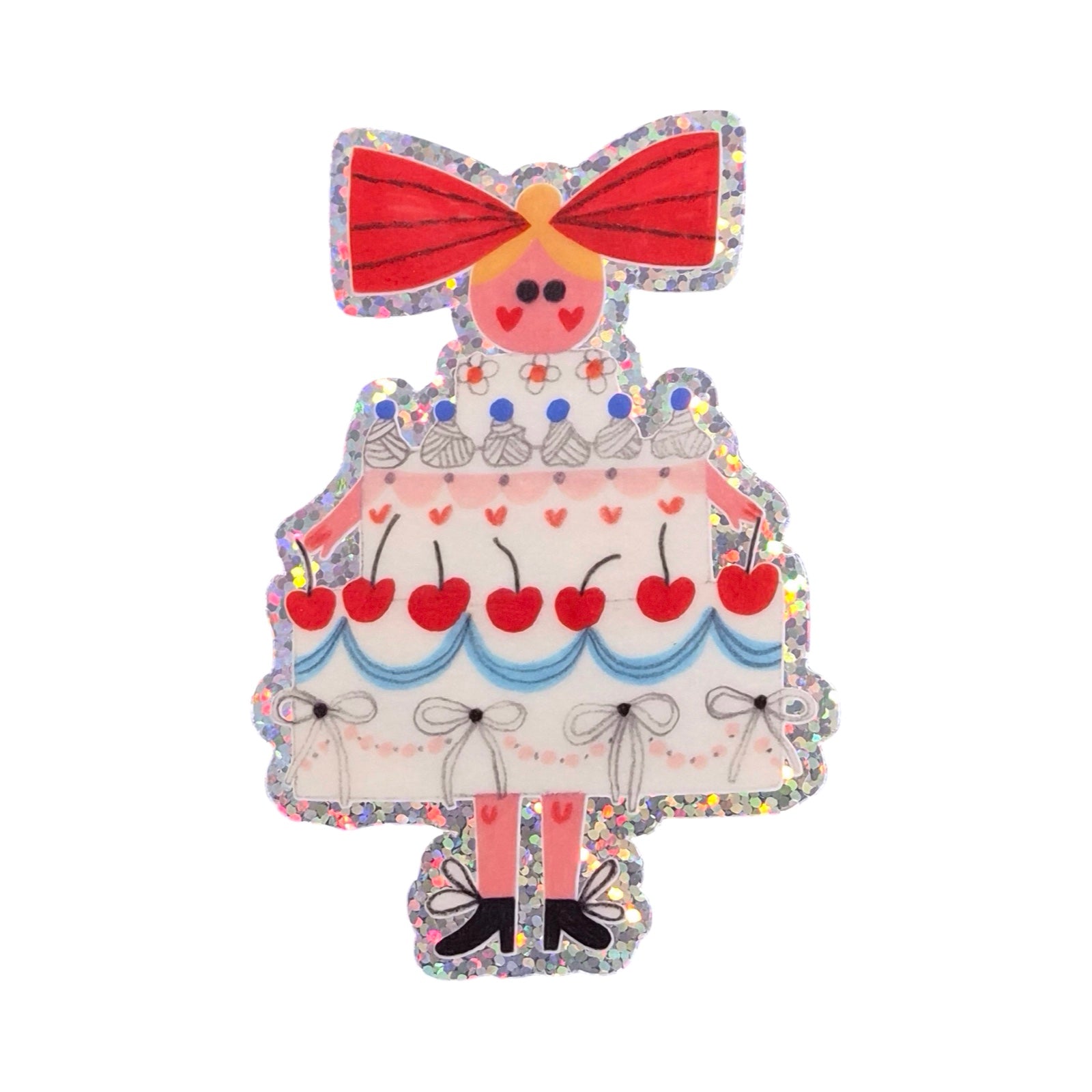 A colourful sticker of a girl in a cake surrounded by glitter.