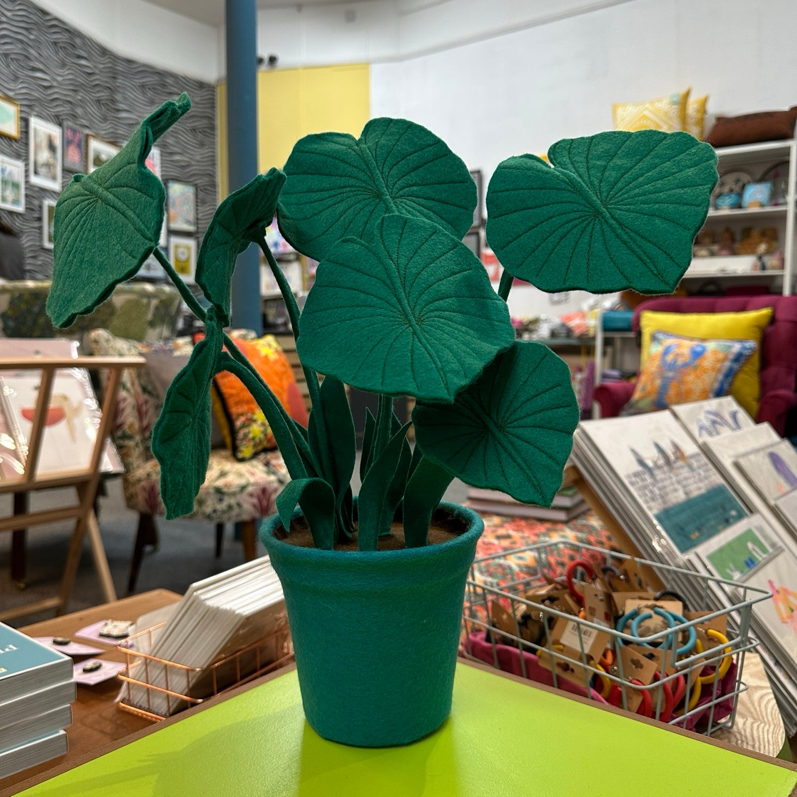 Calathea plant made of felt, on a shelf.