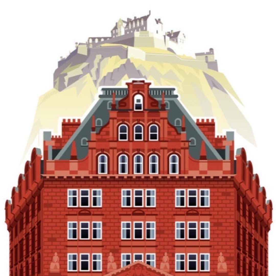 Illustration of a red brick building with a hill and castle in the background.