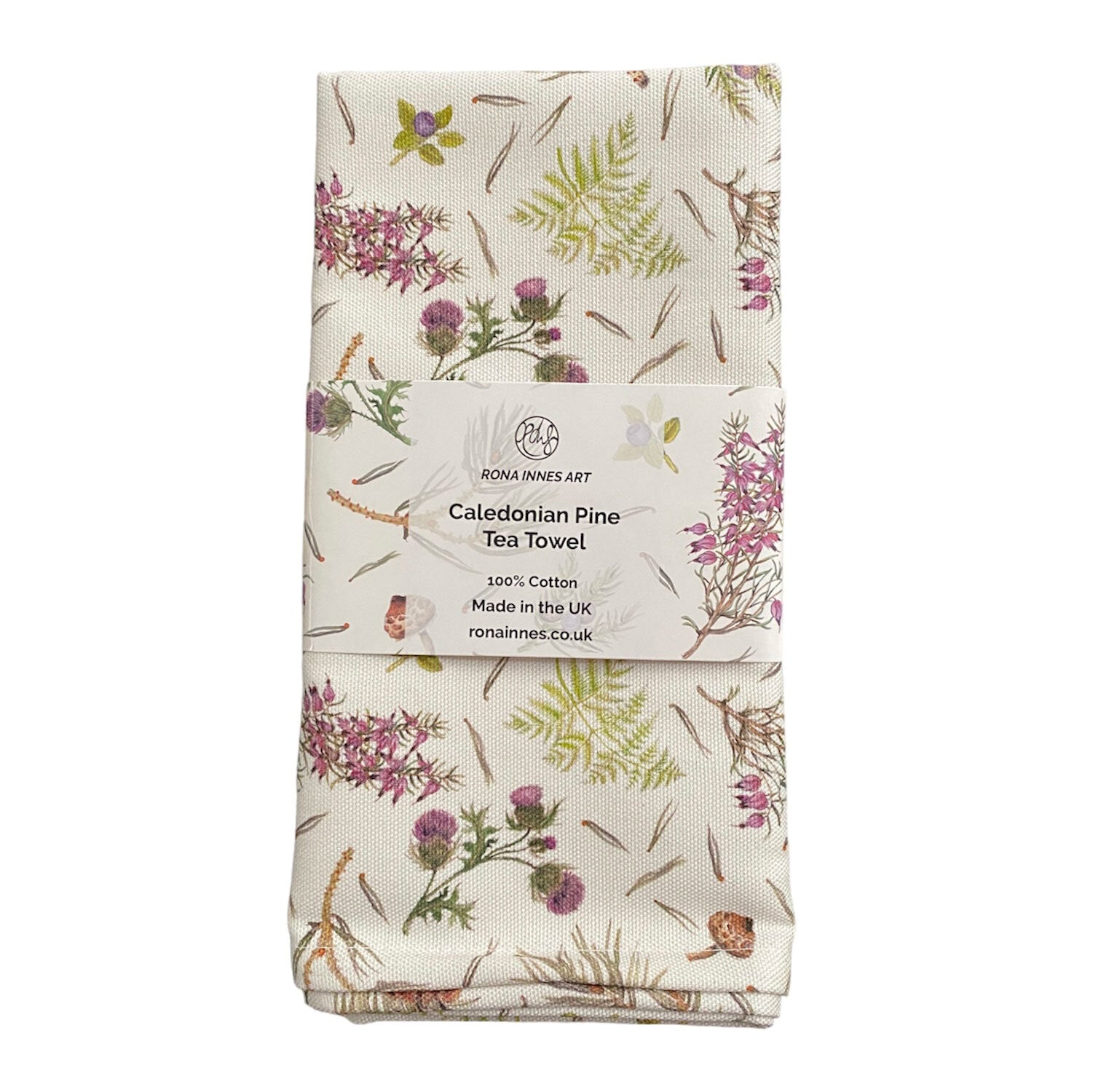 A tea towel featuring illustrations of thistles and acorns against an off-white background.
