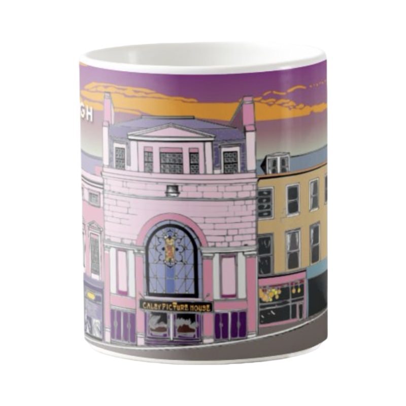 This mug features a striking panoramic artwork of the Caley Picture House on Lothian Road in Edinburgh