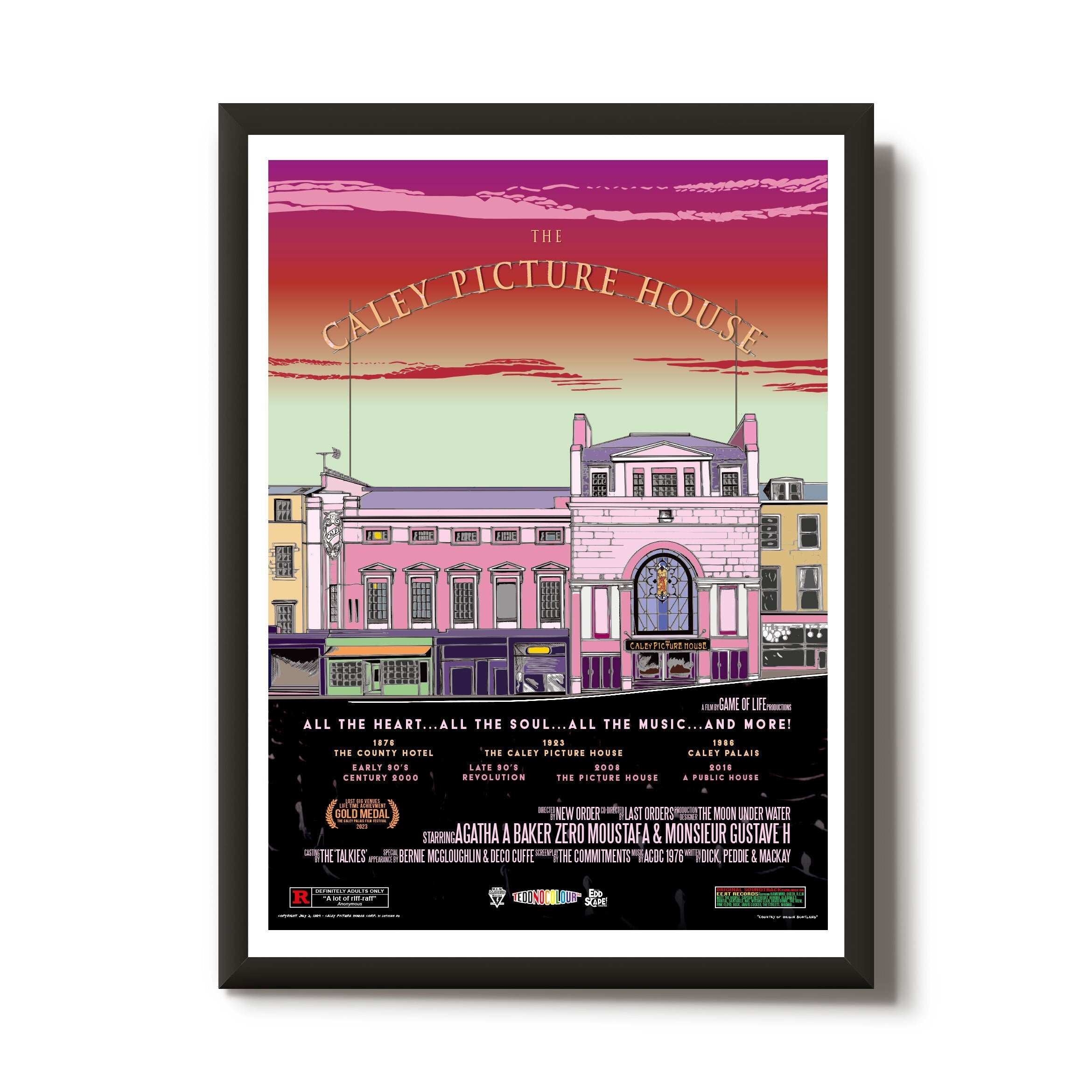 This print features a movie poster design that illustrates the Caley Picture House on Lothian Road in Edinburgh