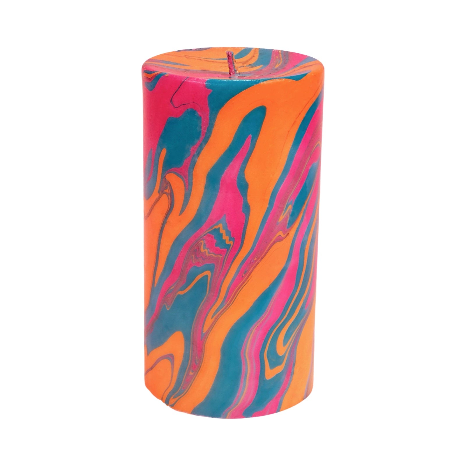 Eye-catching unscented pillar candle hand-poured with soy wax and dip-dyed in teal, dark pink and orange creating the marble swirl.
