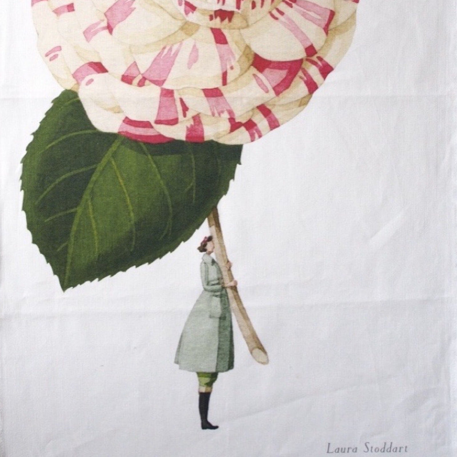 Illustration of a person holding a large pink flower with a white background.