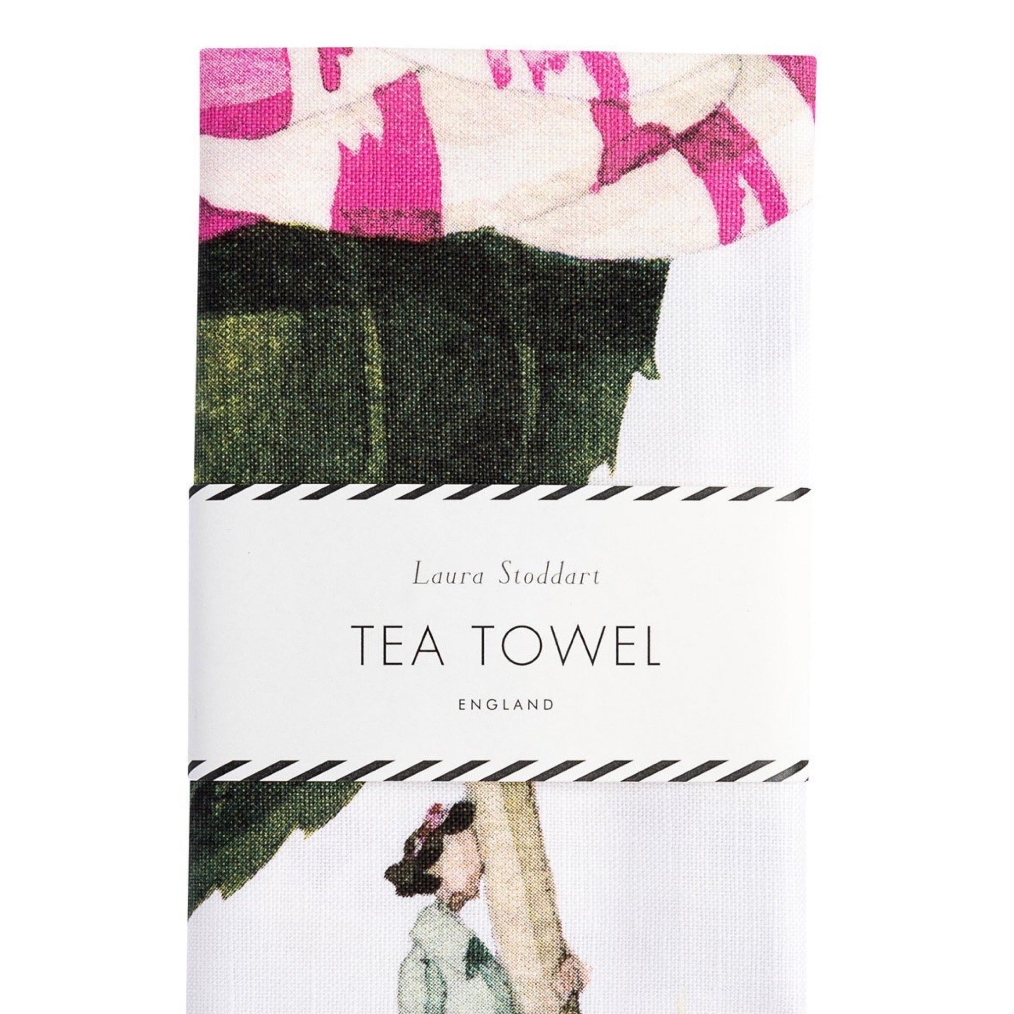 Tea towel packaging with floral design and text 'Laura Stoddart Tea Towel'.