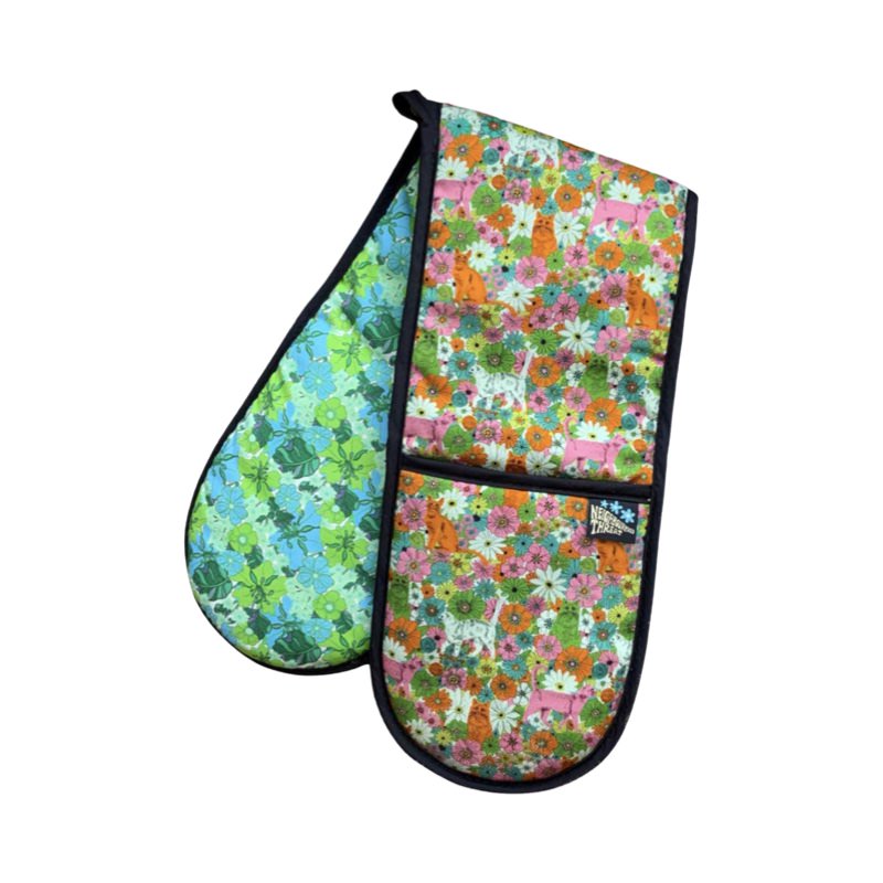 Cat oven gloves with pink, orange and pale green cats hiding in a meadow of flowers.
