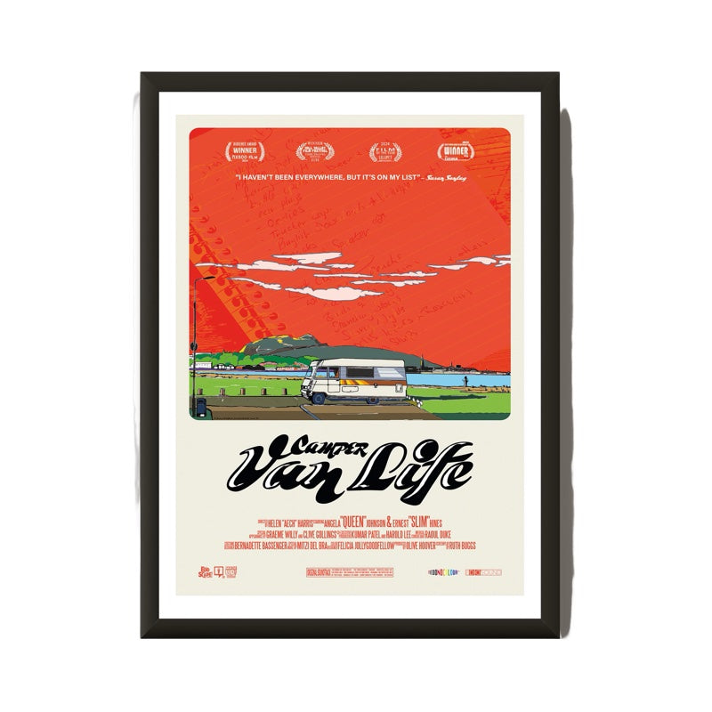 This print features a movie poster design with an illustration of a camper van parked near the beach with hills behind. Features Musselburgh with Edinburgh in the background