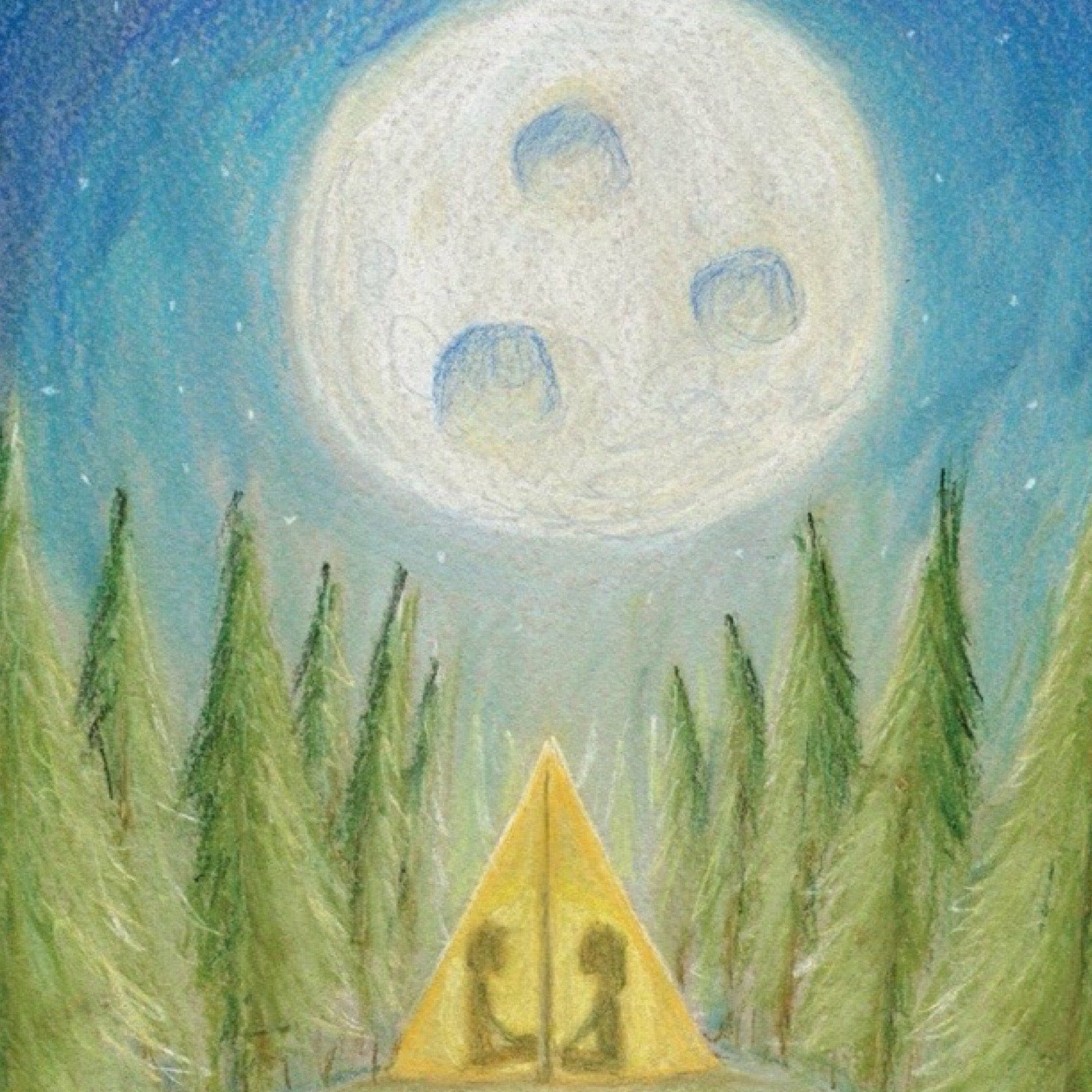Illustration of a yellow tent in a forest under a large moon.