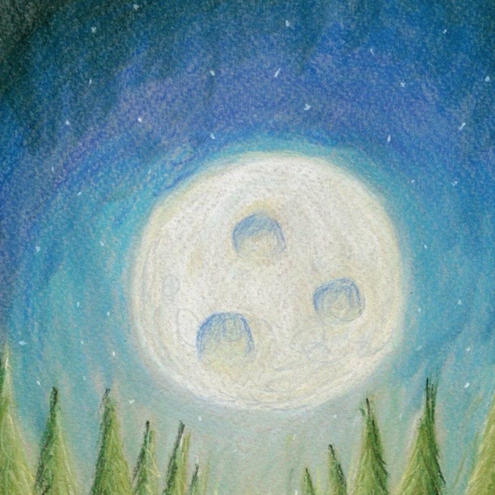 Artistic depiction of a large moon over a forest with a starry sky.