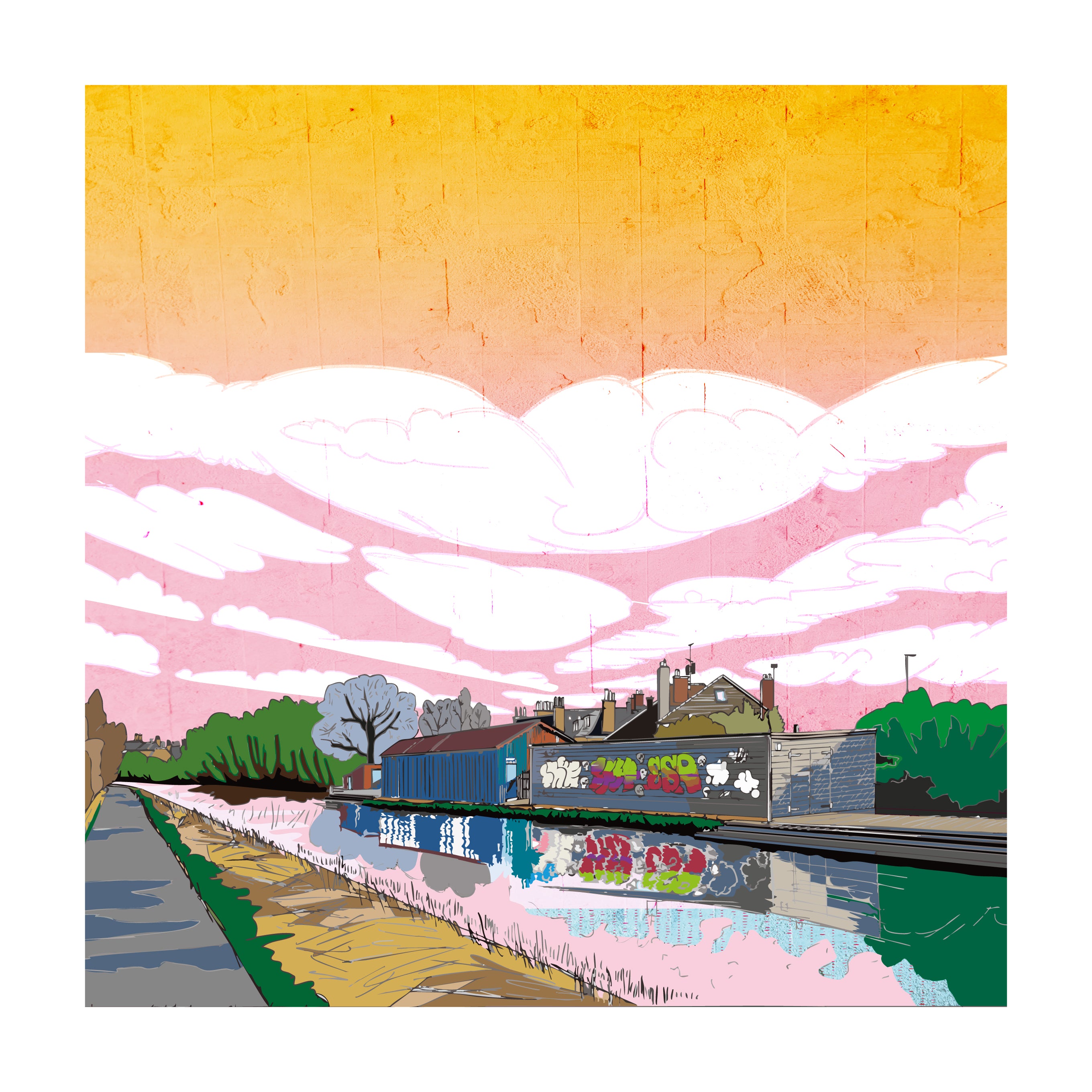 This print illustrates the Union Canal with boat sheds in Edinburgh.