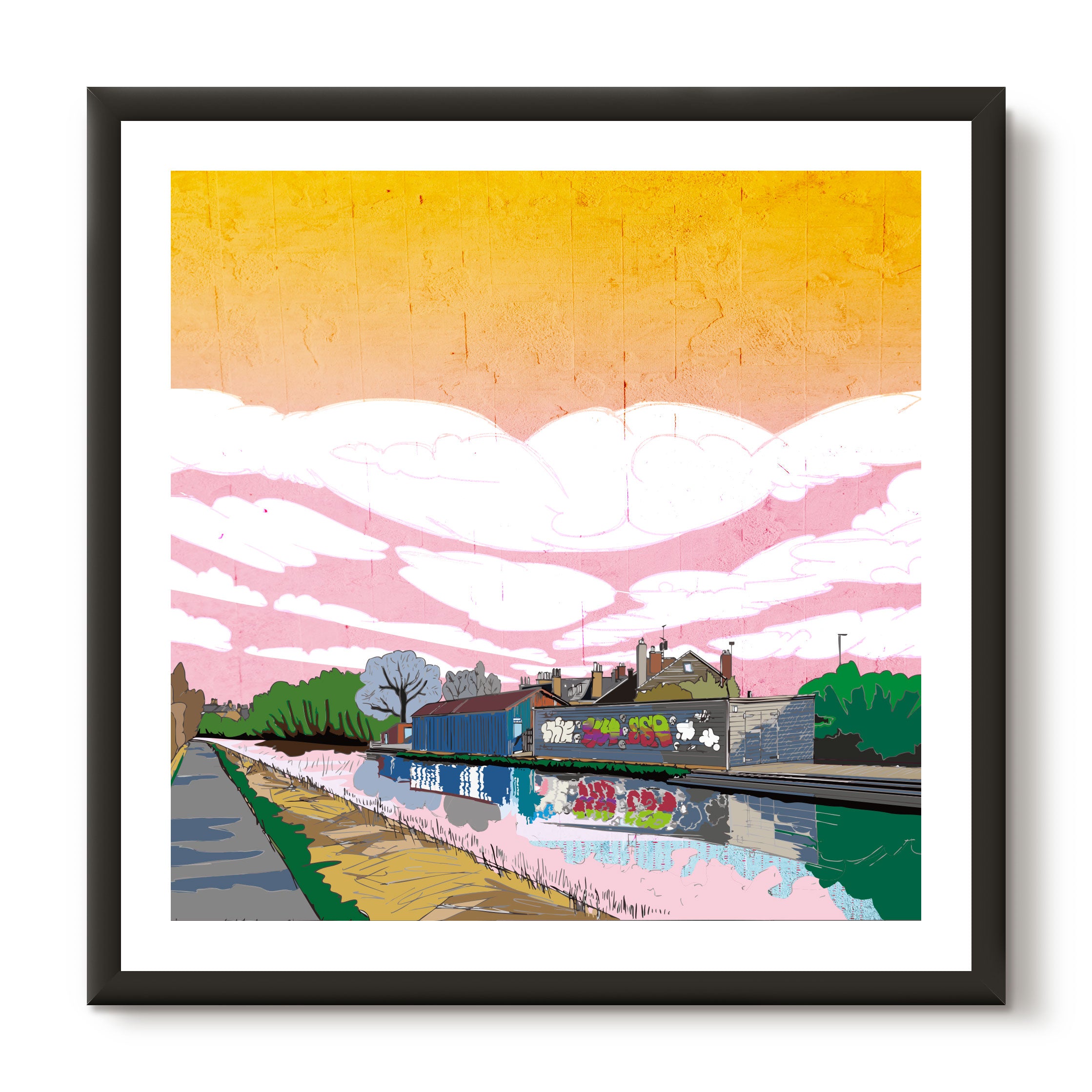 This print illustrates the Union Canal with boat sheds in Edinburgh.