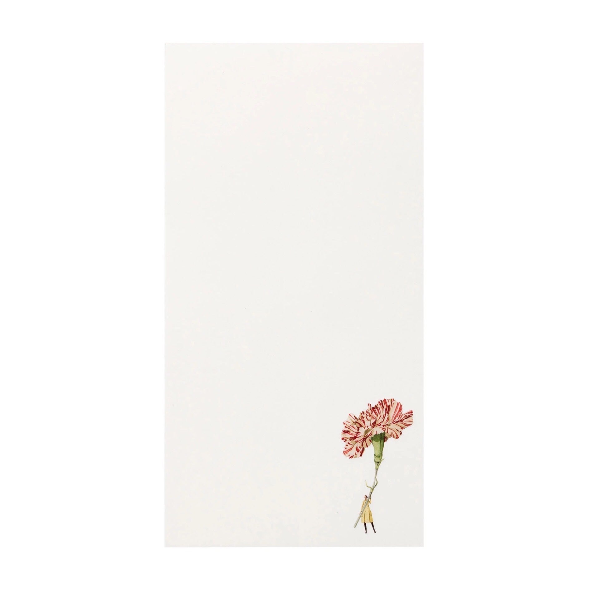 List pad featuring an illustration in the bottom corner of a lady holding a giant red and white carnation.