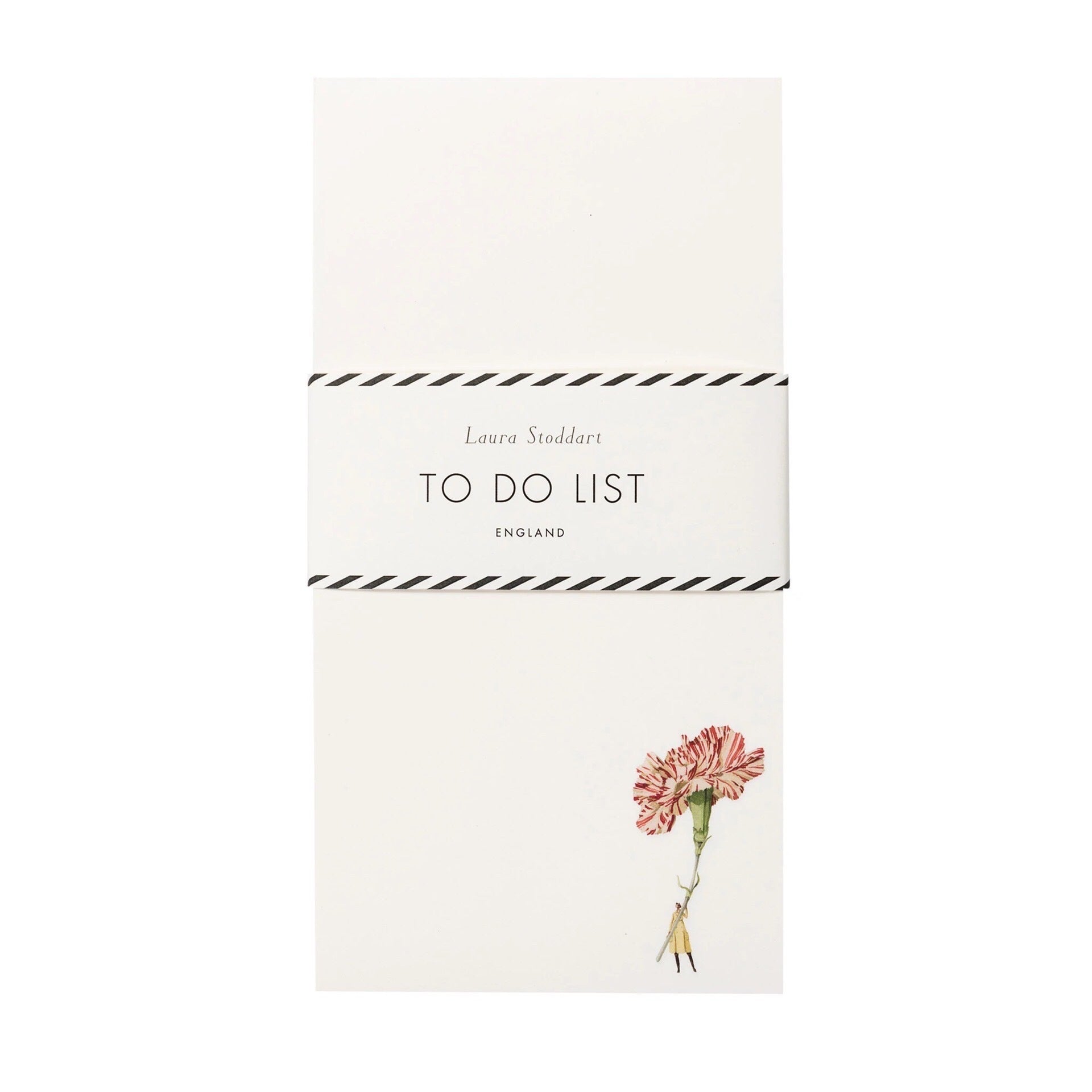 List pad featuring an illustration in the bottom corner of a lady holding a giant red and white carnation with belly band.