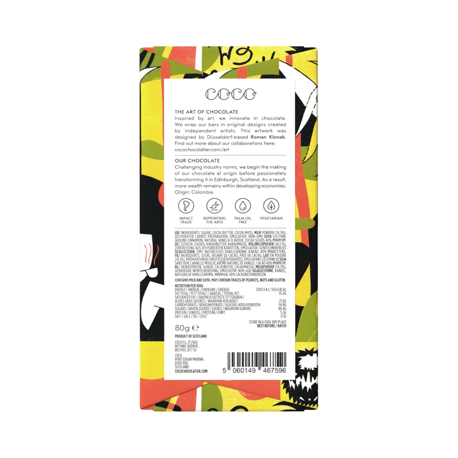 Back of carrot cake milk chocolate bar.