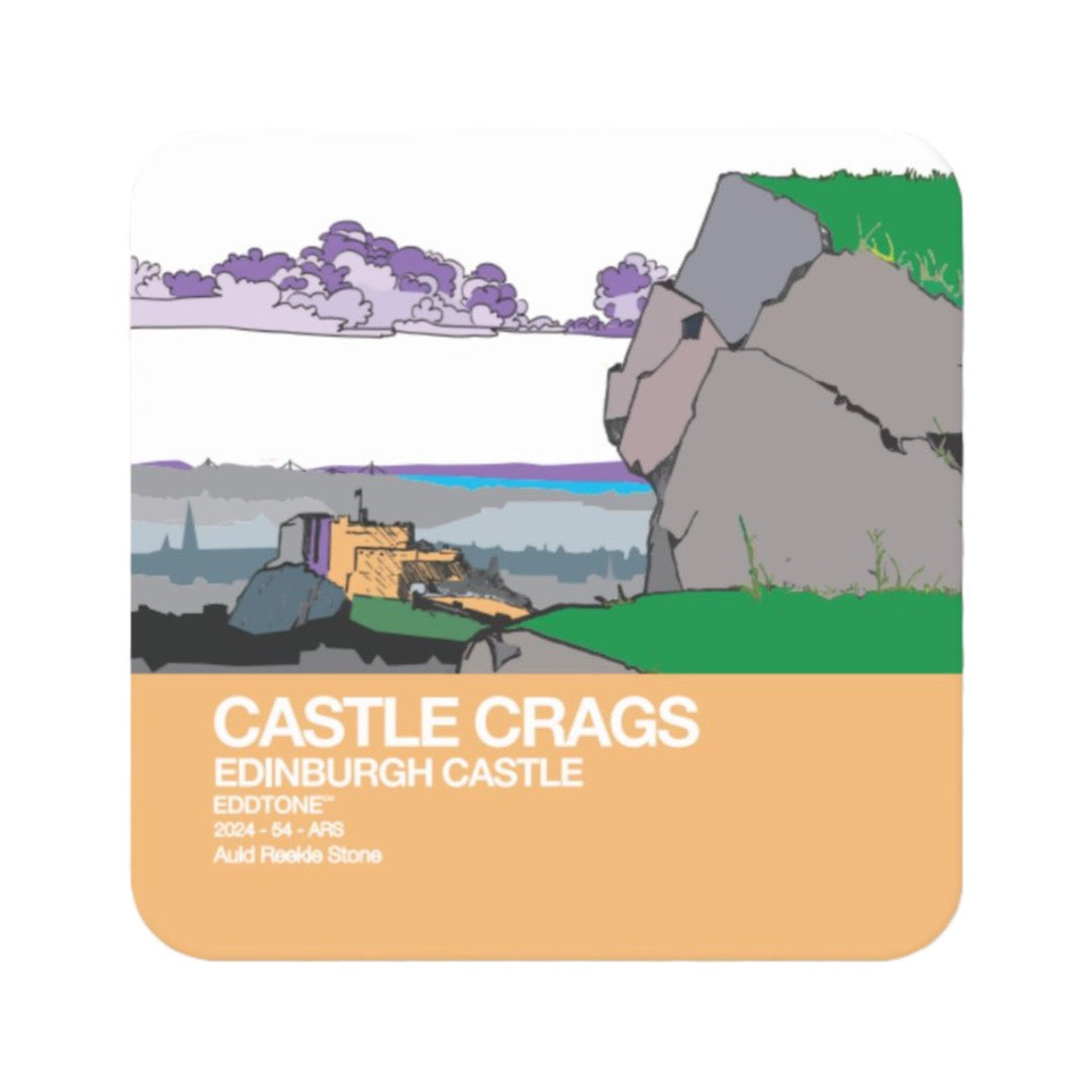 Coaster featuring an illustration of Edinburgh city with the castle and Salisbury Crags.
Designed in Edinburgh by Eddscape and printed in the UK.