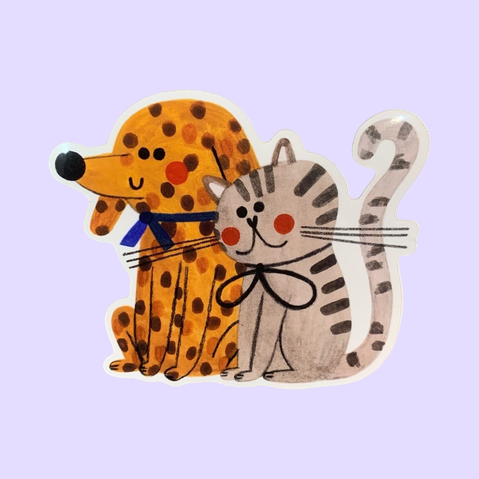 Illustration of a spotted dog and a striped cat sticker on a light purple background.