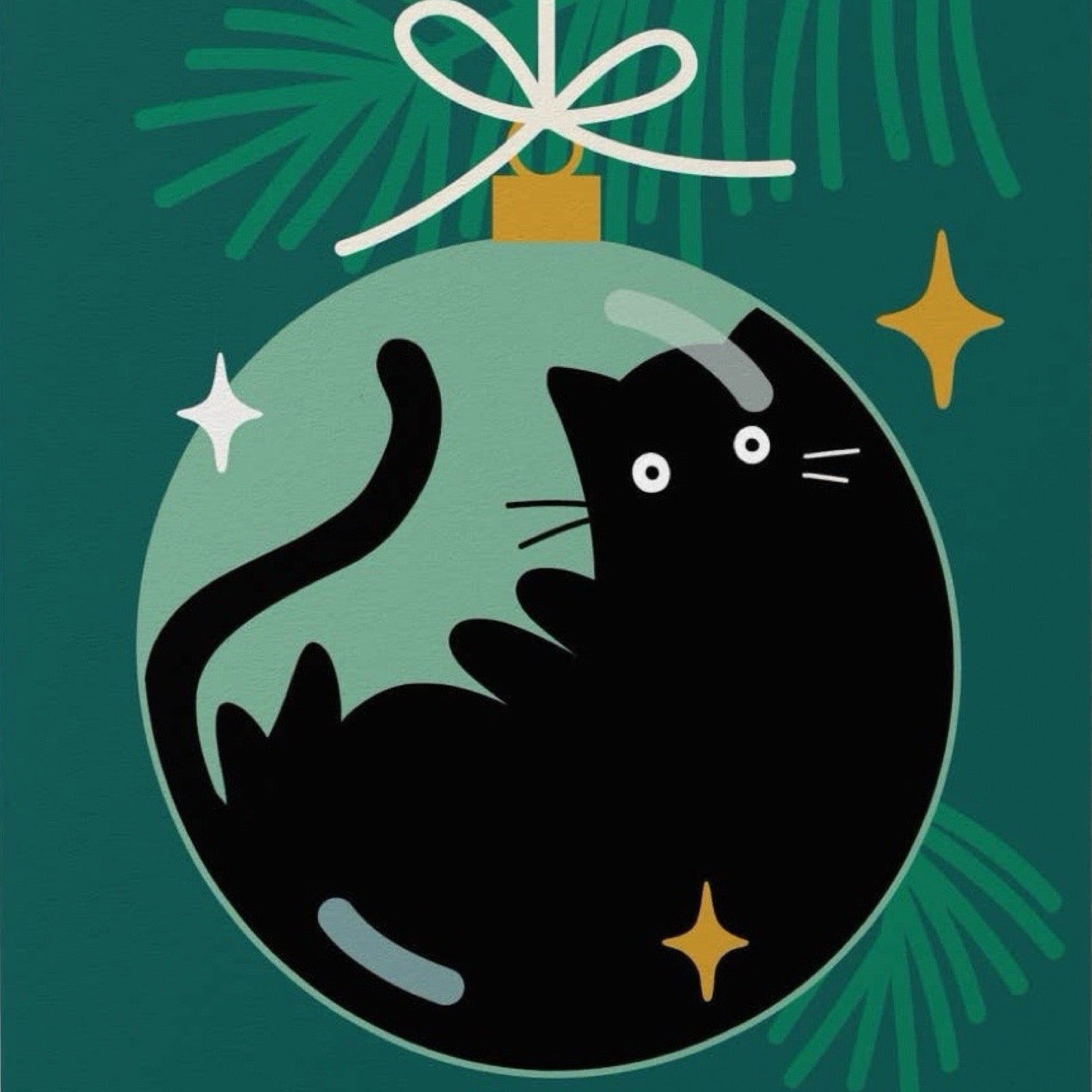 A stylised Christmas ornament illustration featuring a black cat silhouette inside a light green bauble, hanging from a white bow against a dark green background with pine branches and gold star accents.