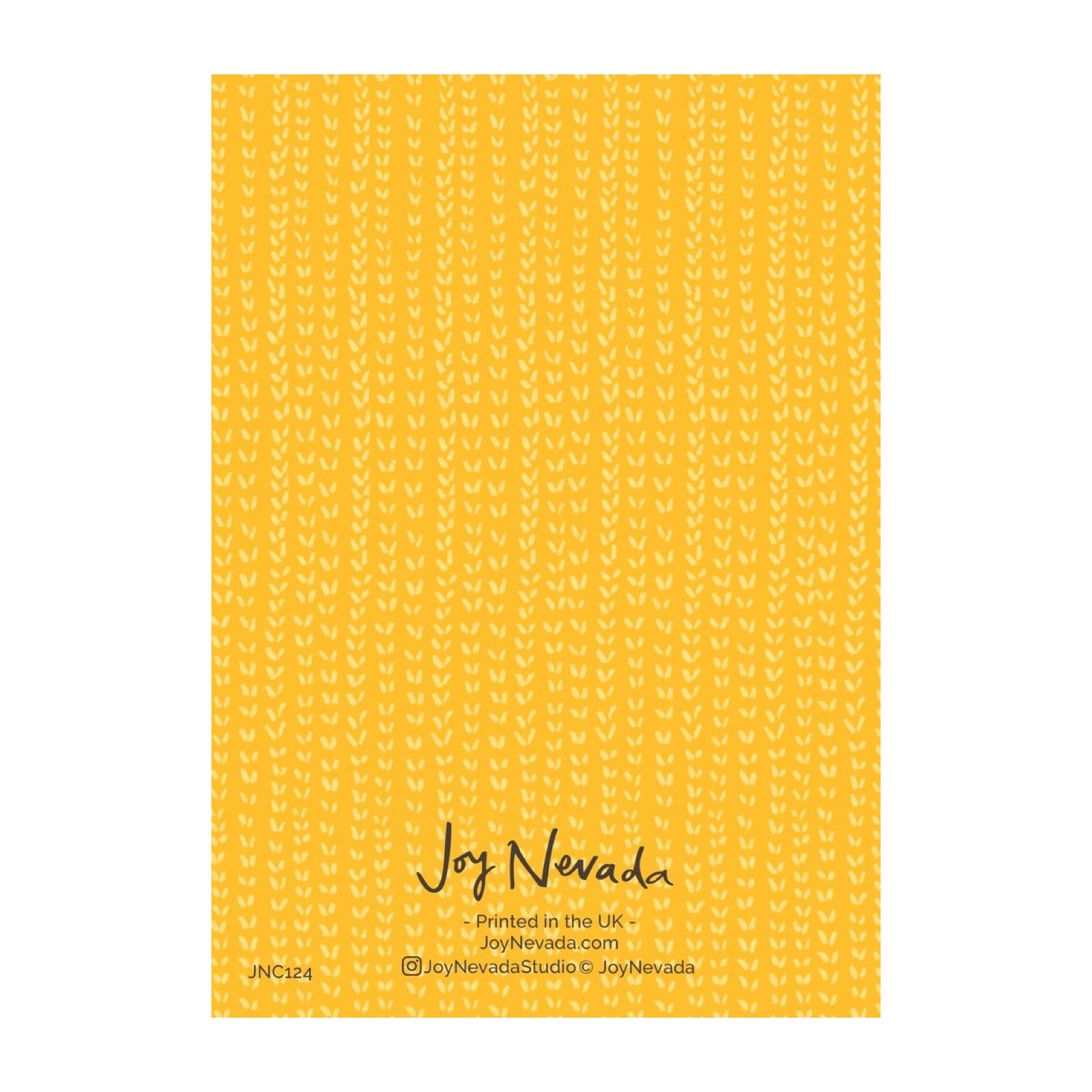 The back of a yellow greetings card with vertical lines of white dashes.