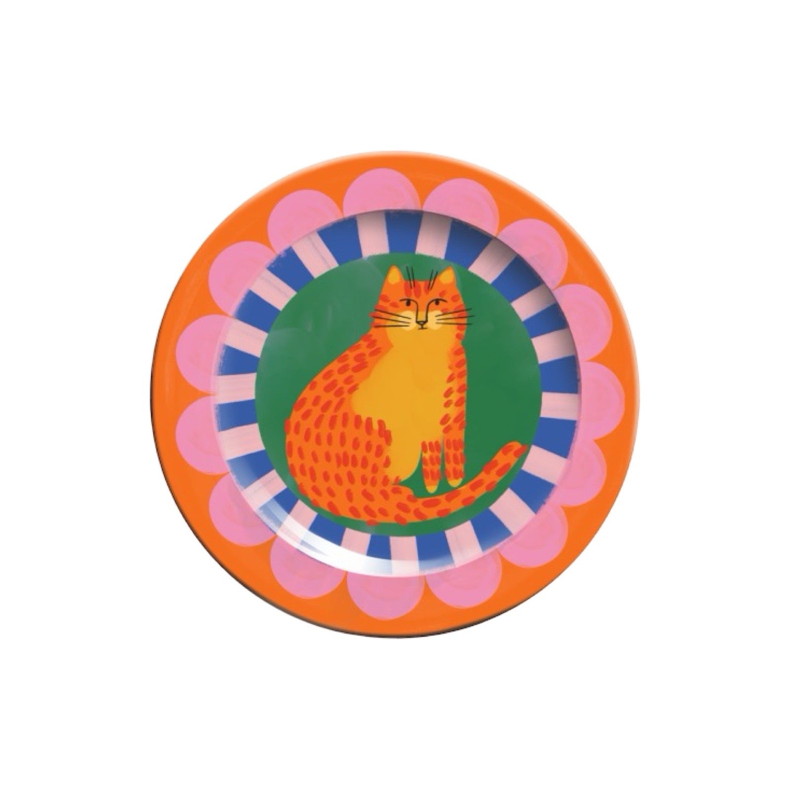 Colourful plate with a cat design on an multicoloured background.