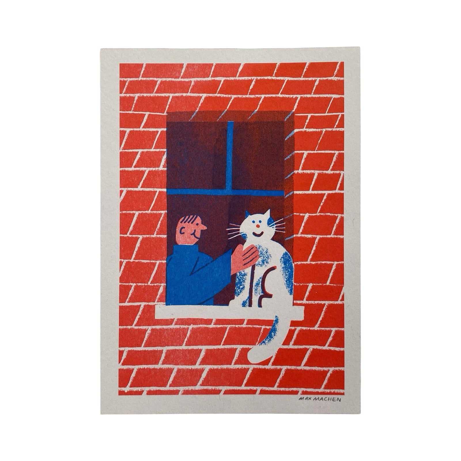 Illustration of a person holding a cat by a window with red bricks.