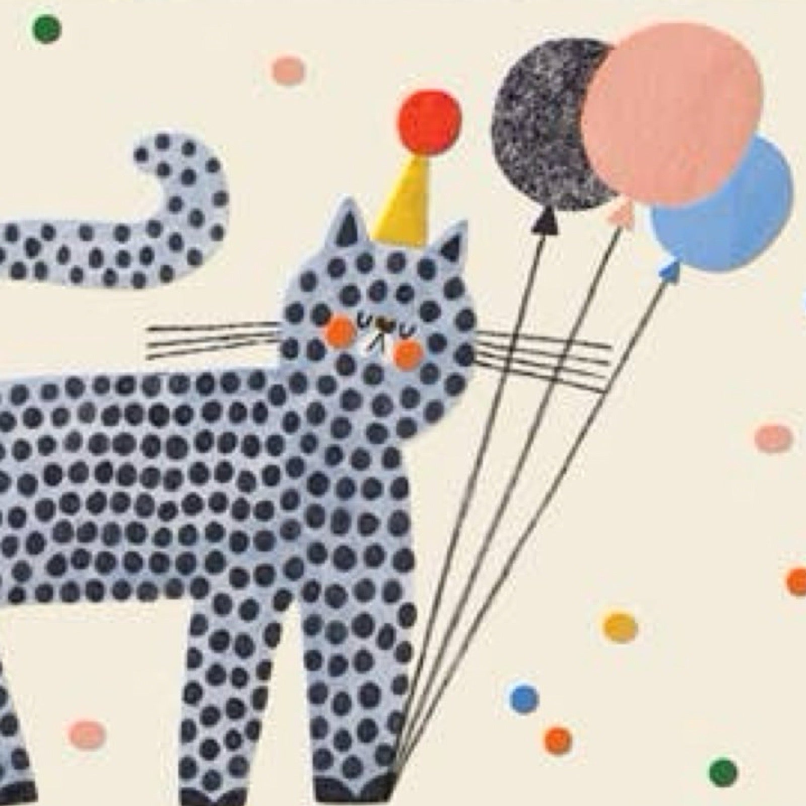Illustration of a polka dot cat with party hat and balloons on a beige background.