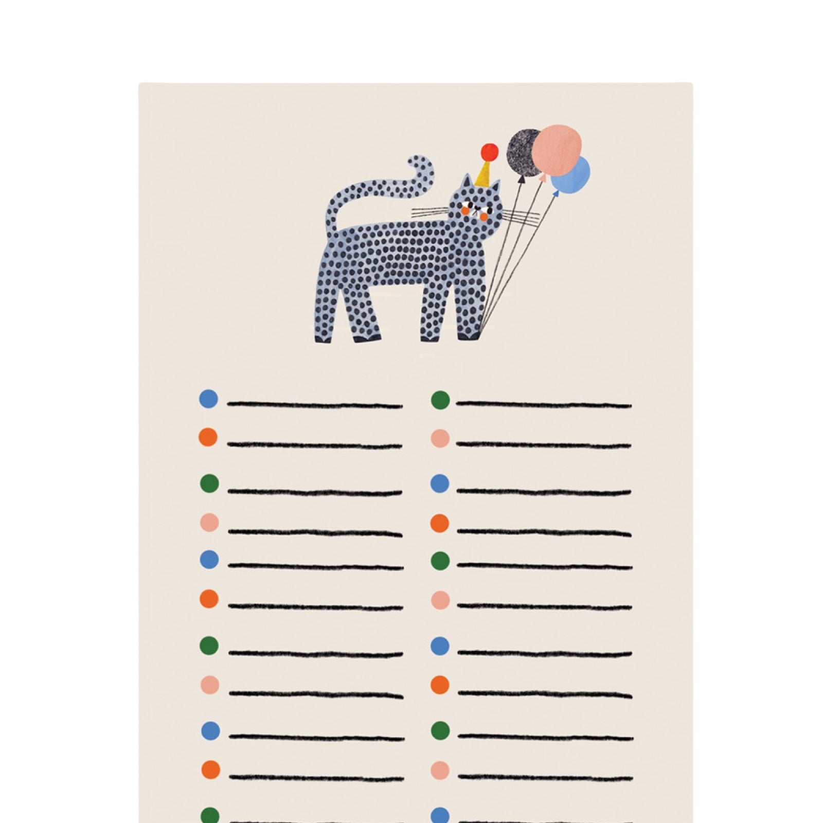 Illustration of a spotted cat holding balloons with a list below on a beige background.