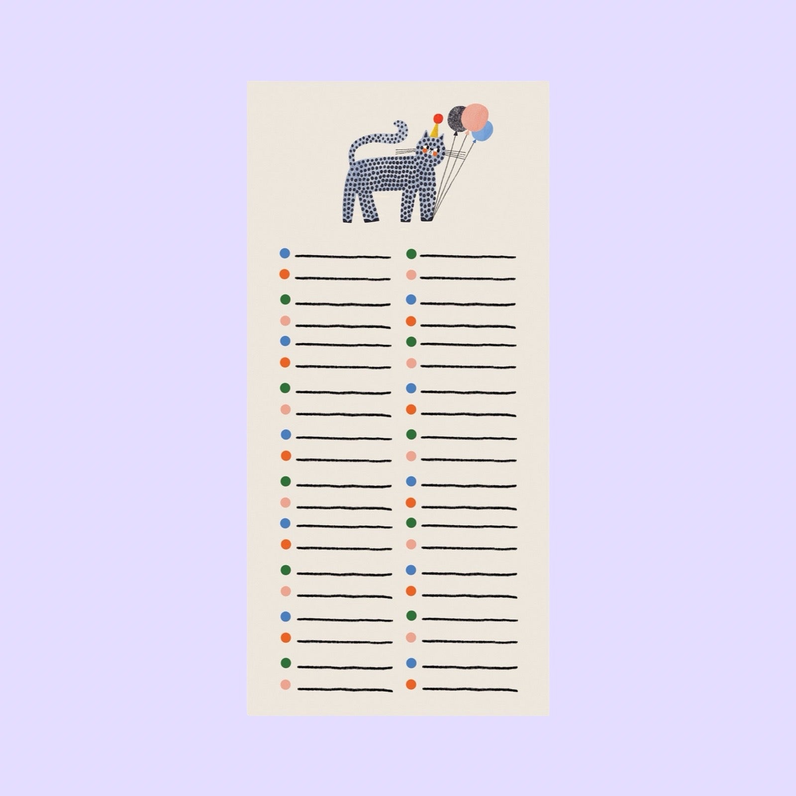 Notepad with a cat illustration and colourful dots on a light purple background.