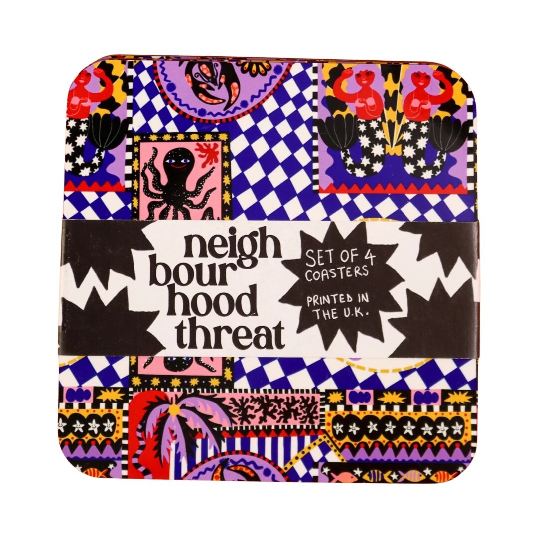 Set of 4 catch of the day coasters with branded band.