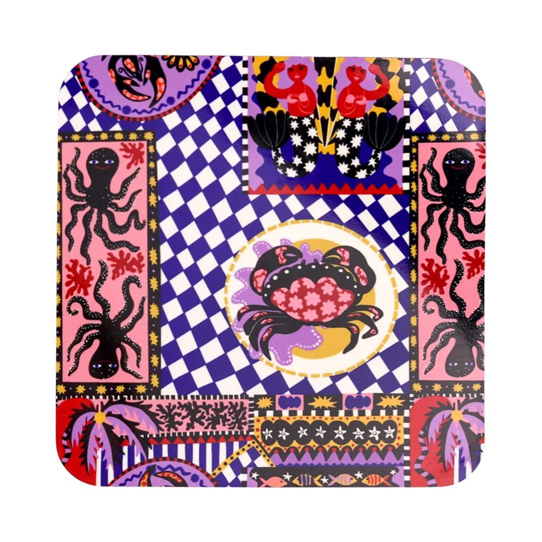 A catch of the day coaster featuring octopus, crabs and mermaids.
