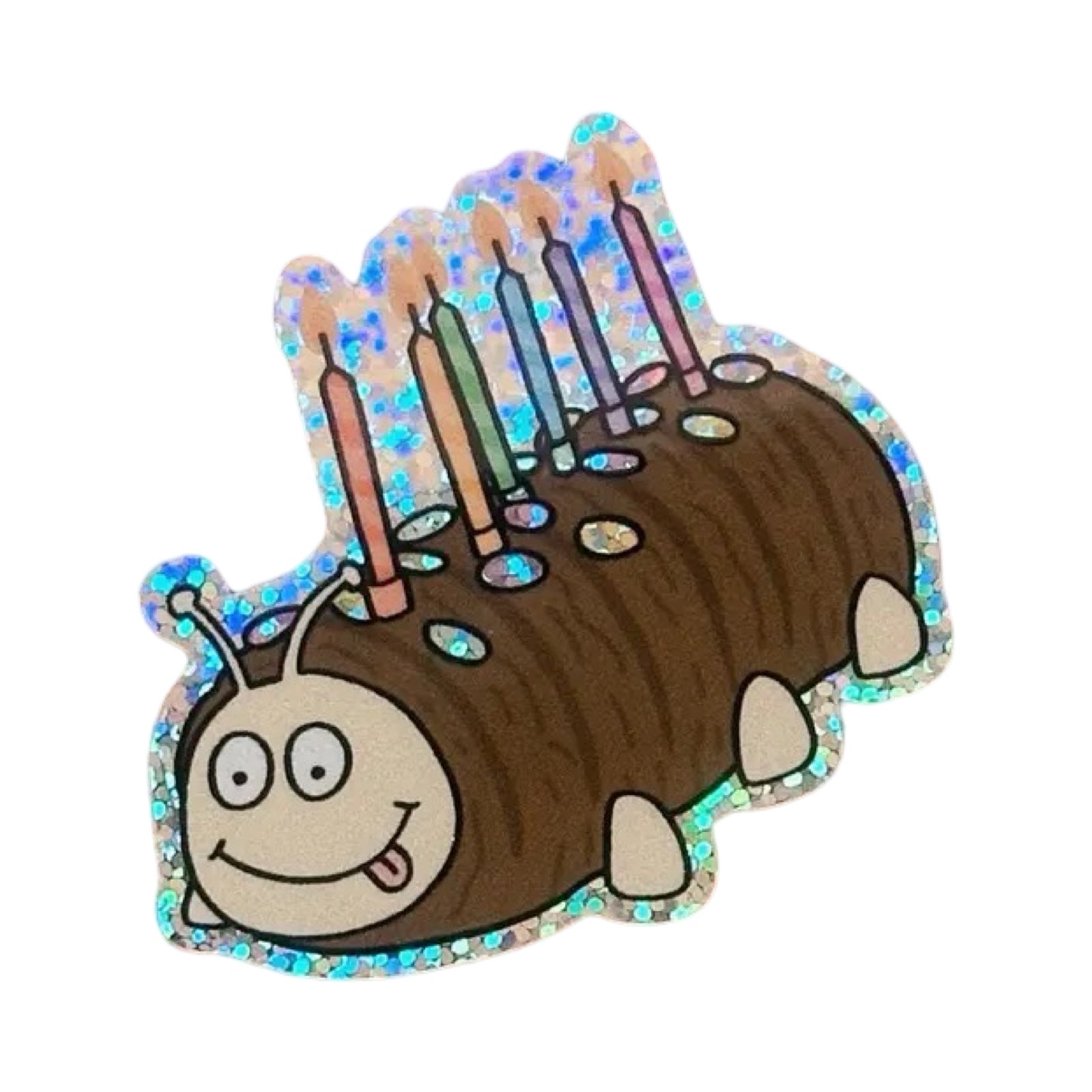 A waterproof holographic glitter vinyl sticker of a chocolate caterpillar cake.