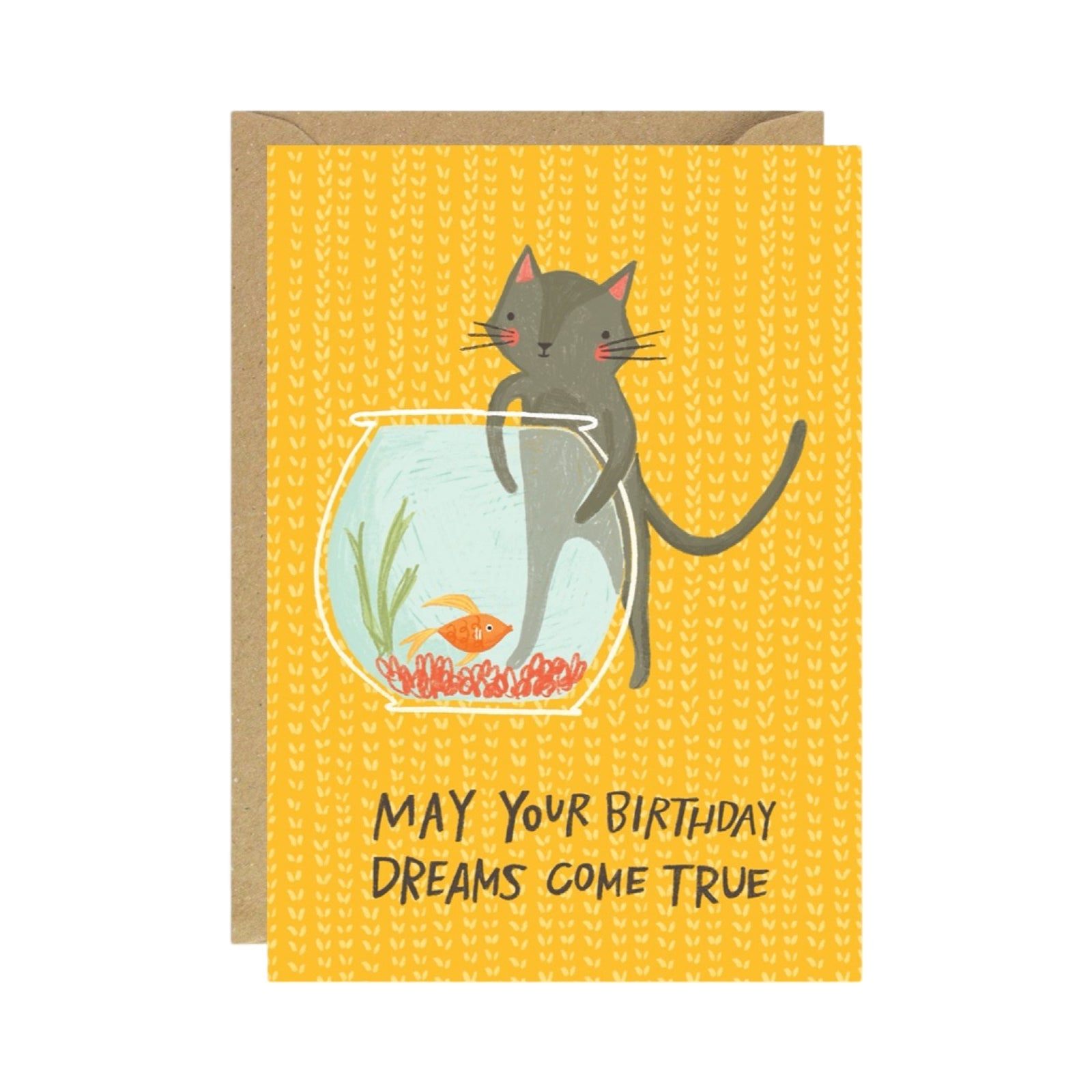 Birthday card featuring an illustration of a grey cat peering into a goldfish bowl with the text 'May Your Birthday Dreams Come True'.