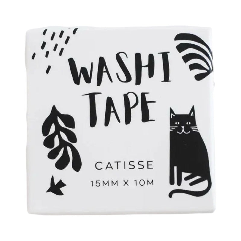 White washi tape with illustrated black cats and back foliage inspired by the artist Henri Matisse.