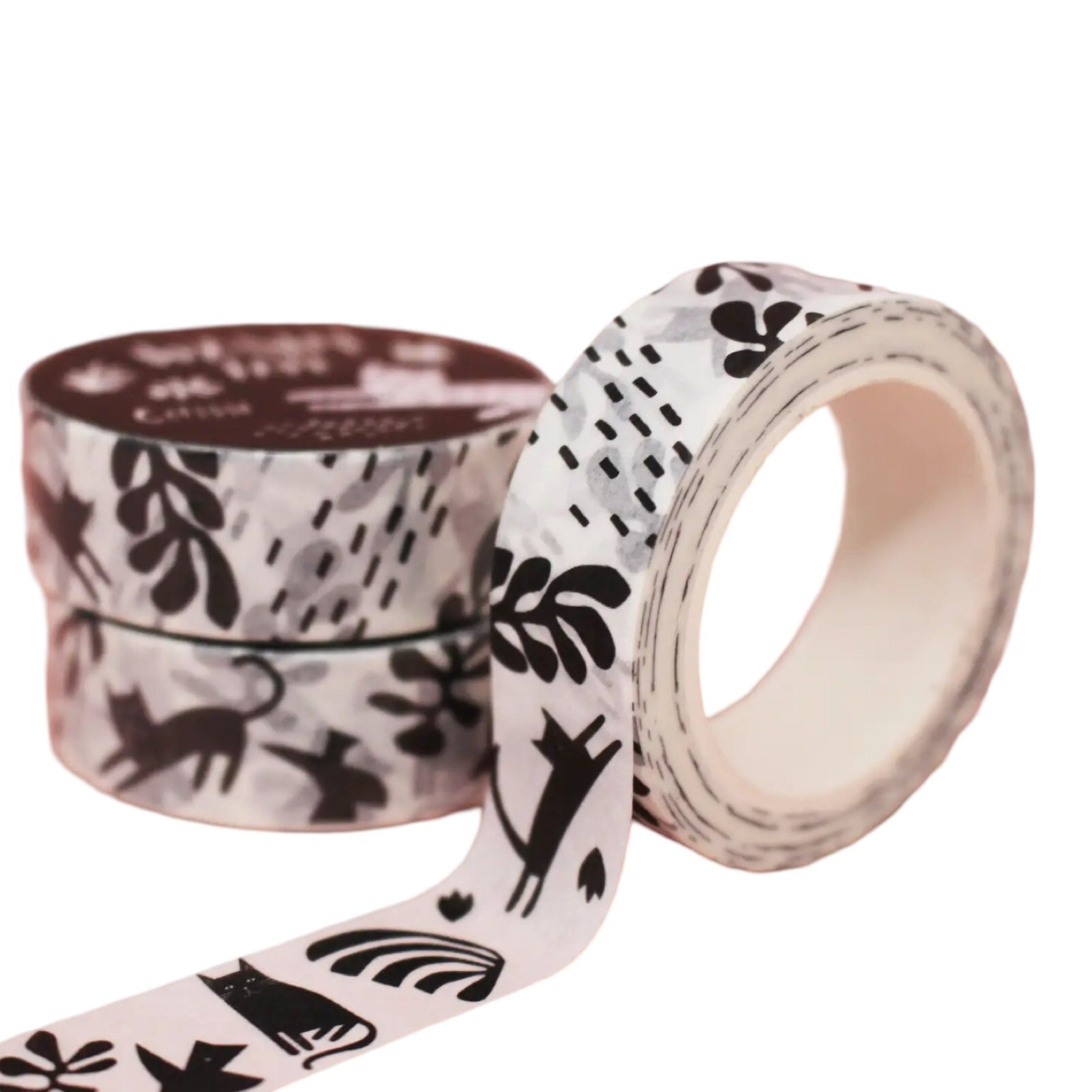 White washi tape with illustrated black cats and back foliage inspired by the artist Henri Matisse.