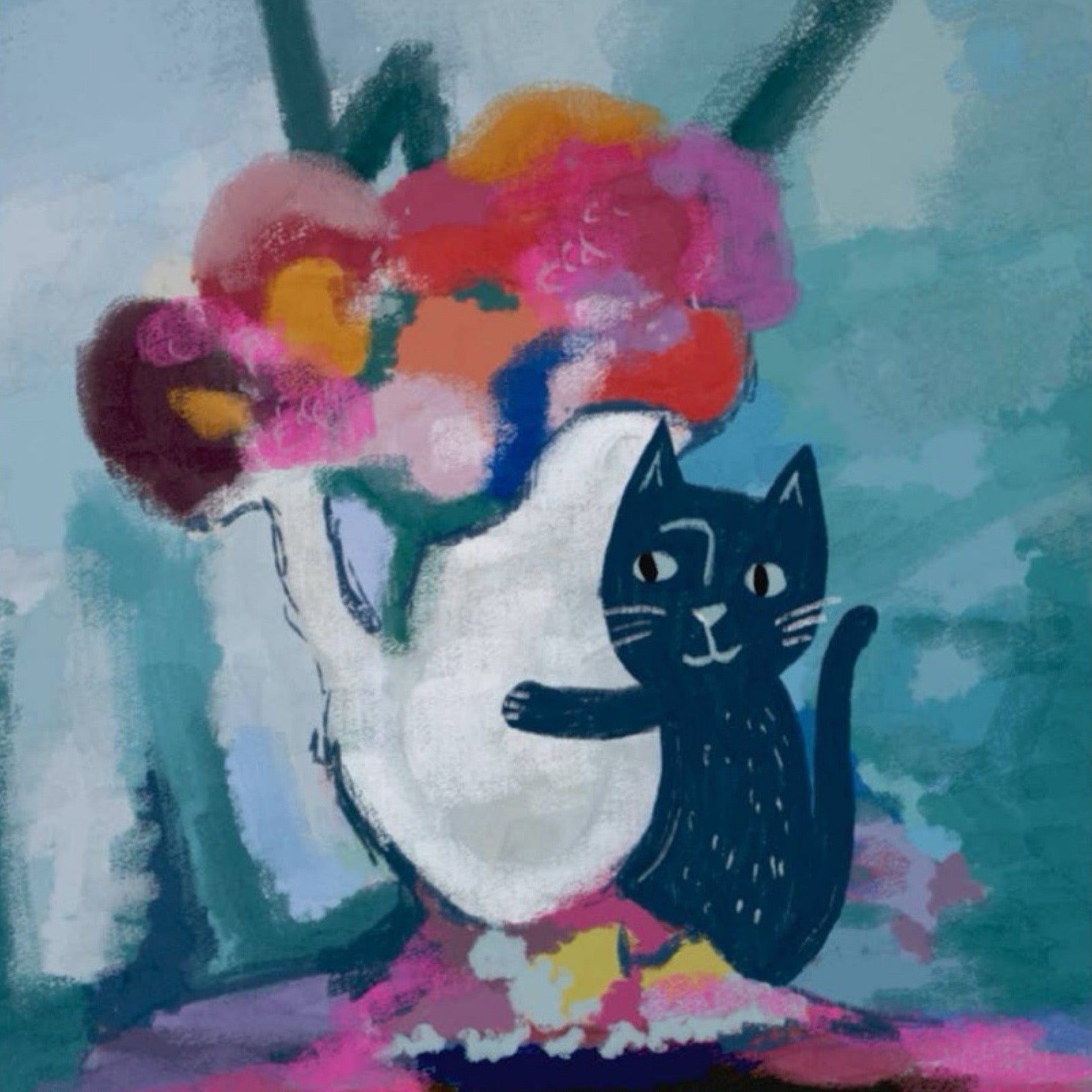 A print of a white vase with colourful flowers inspired by Henri Mattise with a black cat.