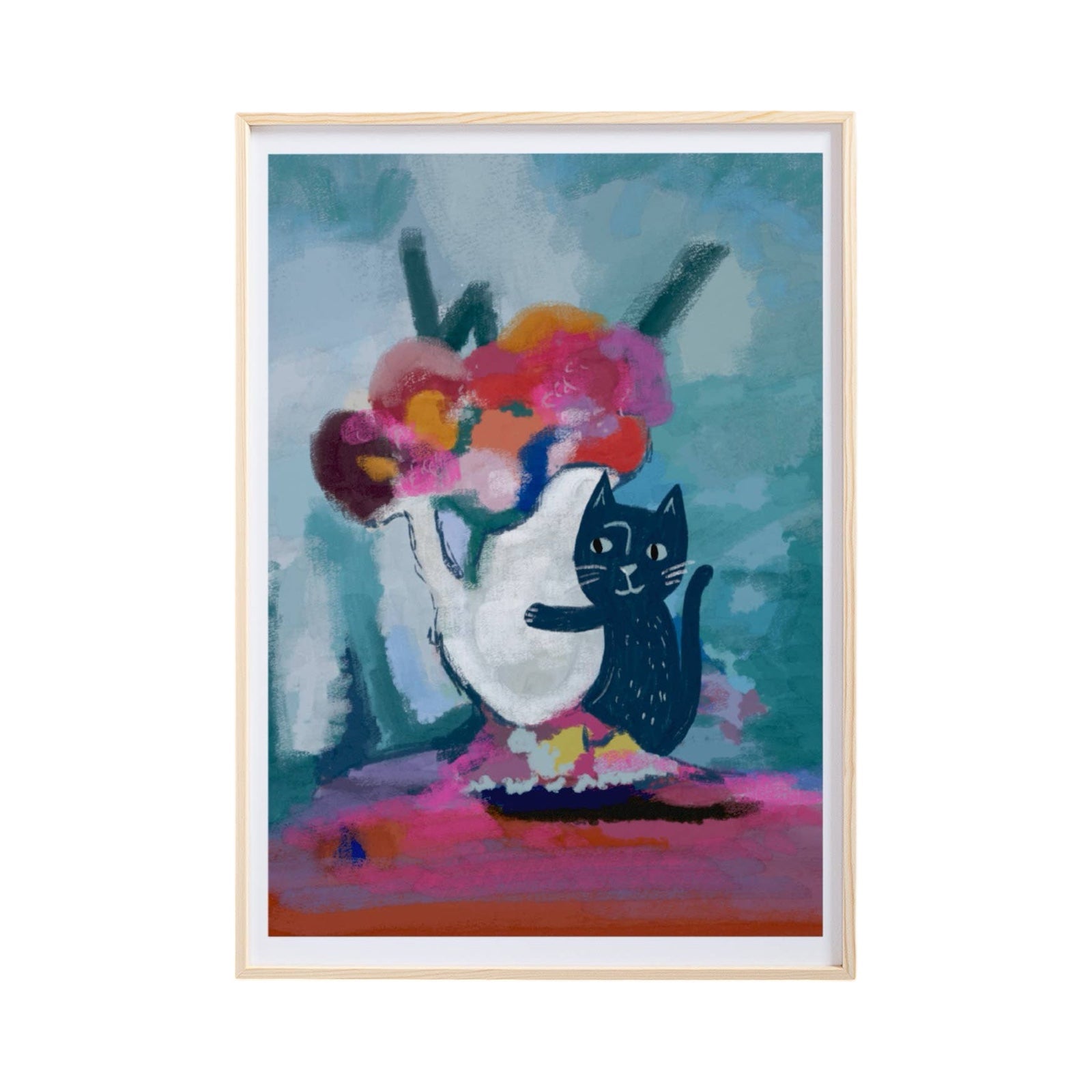 A print of a white vase with colourful flowers inspired by Henri Mattise with a black cat.