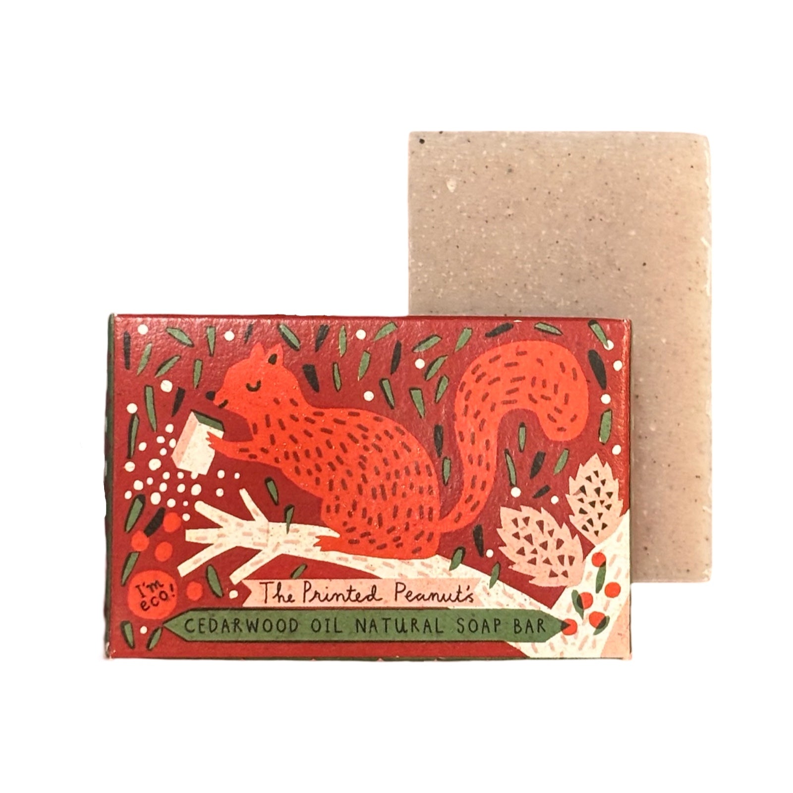 Soap bar with a red squirrel design on a white background.