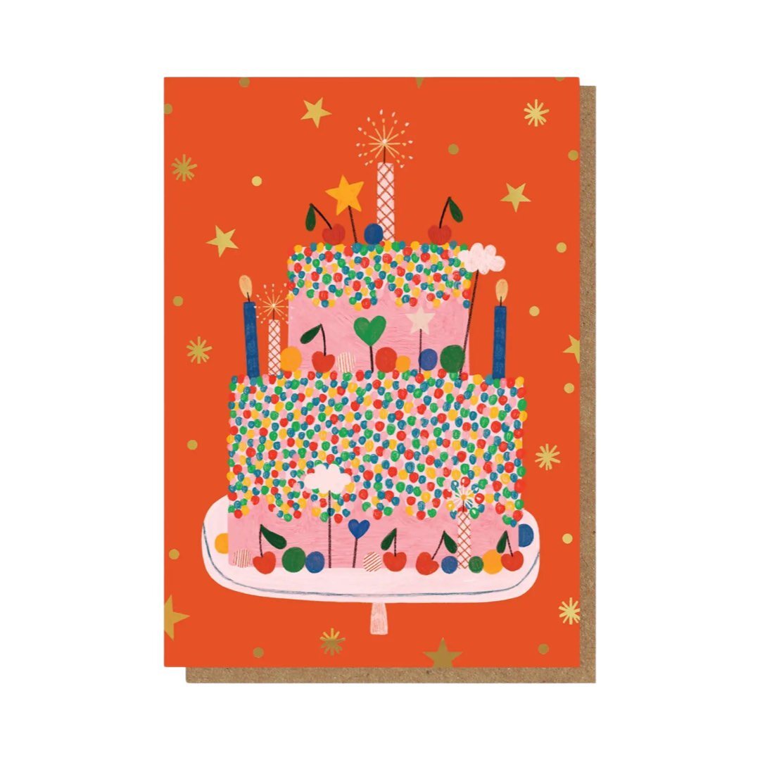 Birthday card featuring a huge two-tiered pink birthday cake with multicoloured frosting, cherries and candles on an orange background.