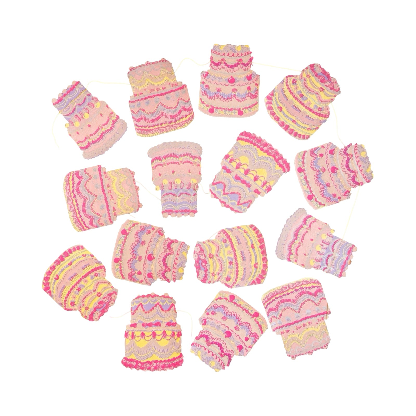 Set of pink and yellow cake-shaped garland on a white background.