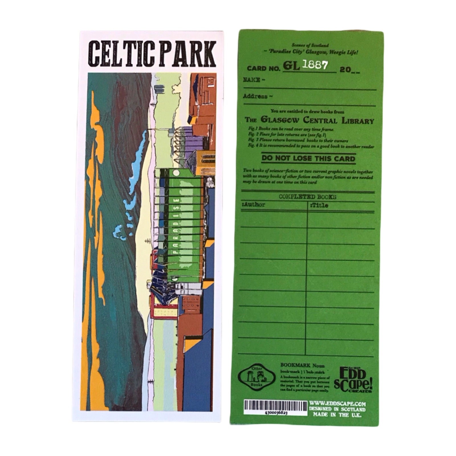 Bookmark featuring a panoramic landscape illustration of Celtic Park, Glasgow.