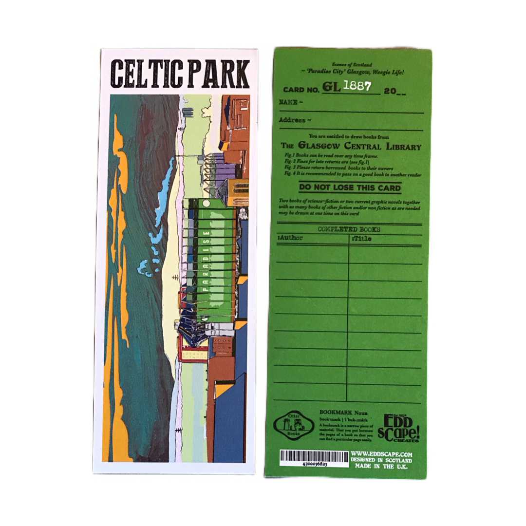 Bookmark featuring a panoramic landscape illustration of Celtic Park, Glasgow.
