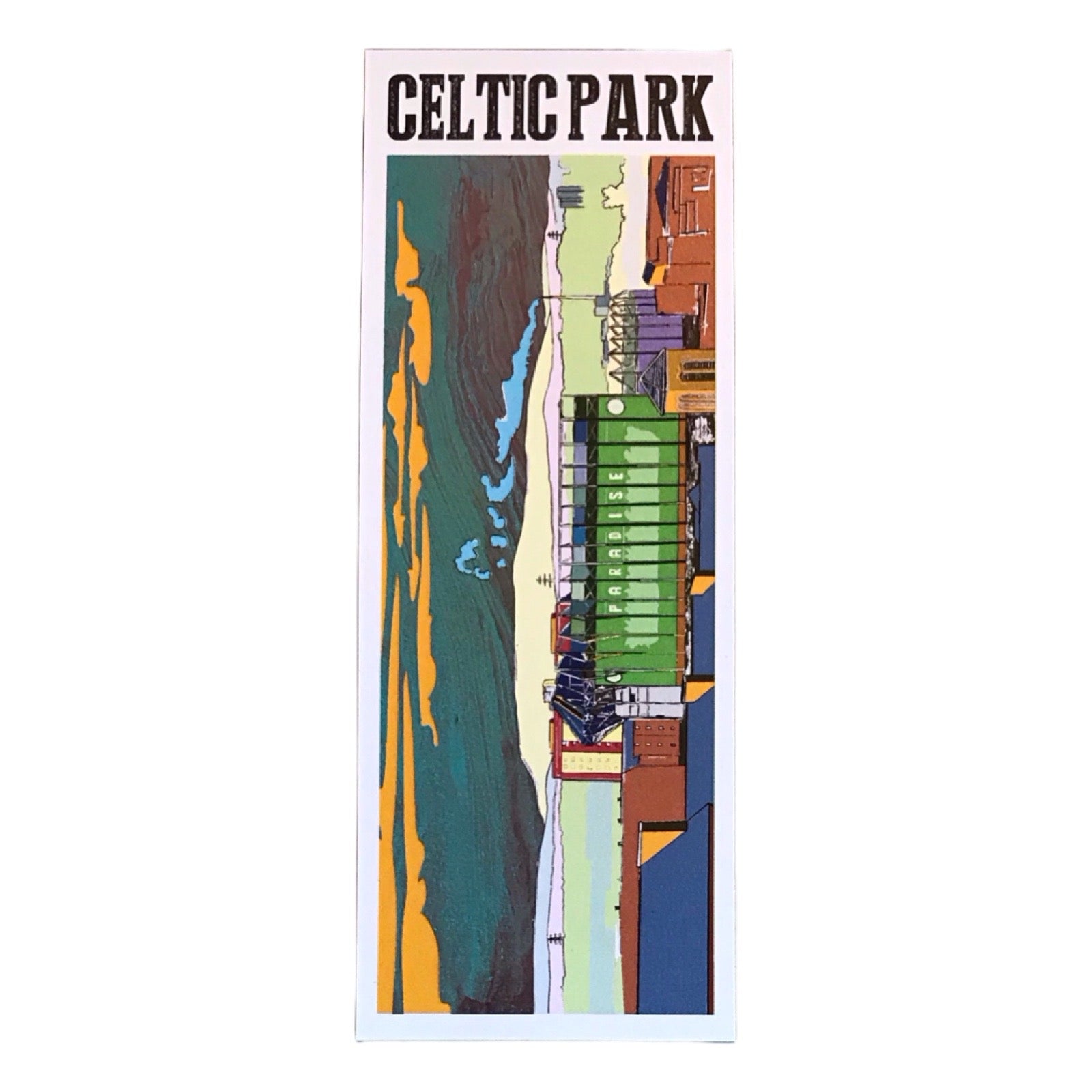 Bookmark featuring a panoramic landscape illustration of Celtic Park, Glasgow.