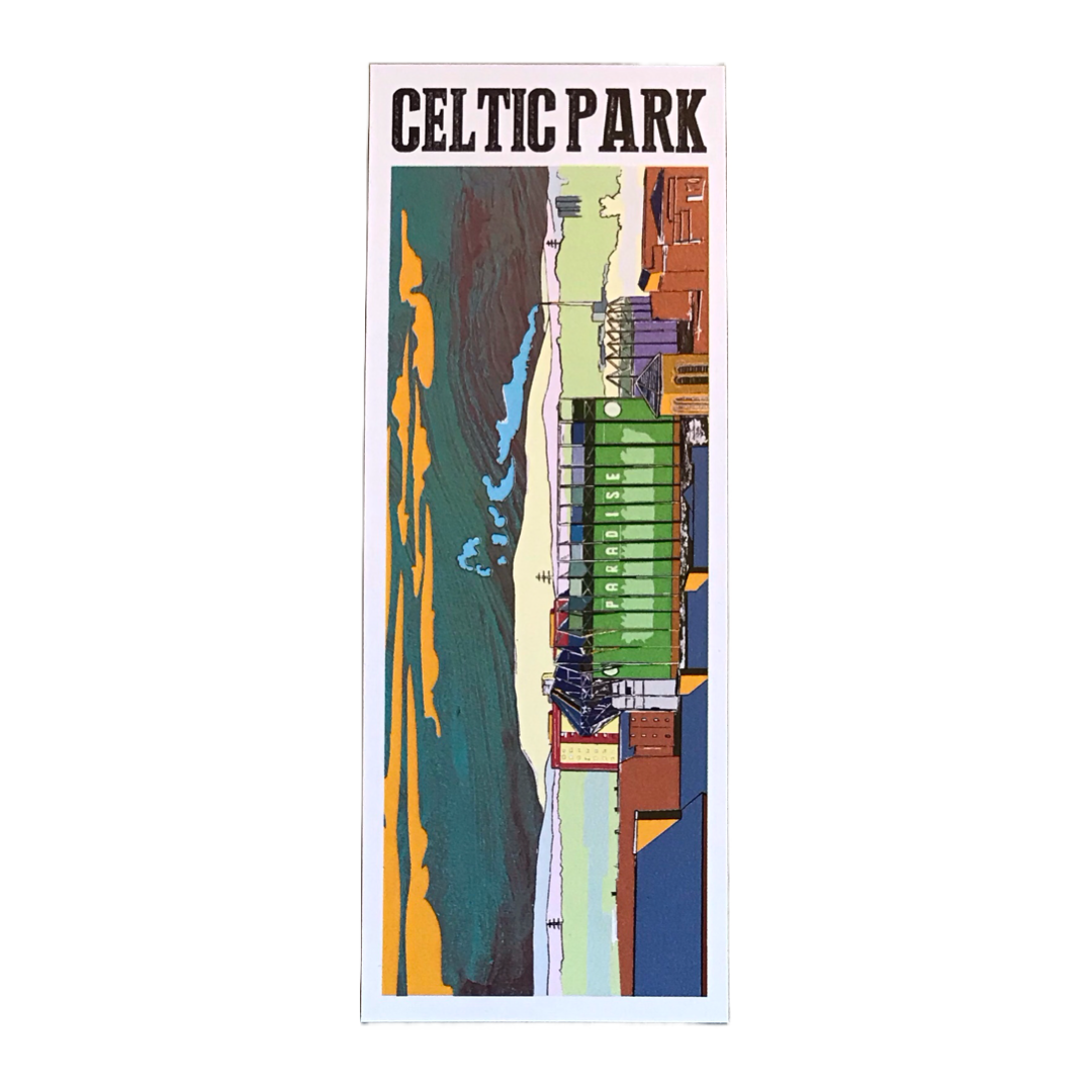 Bookmark featuring a panoramic landscape illustration of Celtic Park, Glasgow.