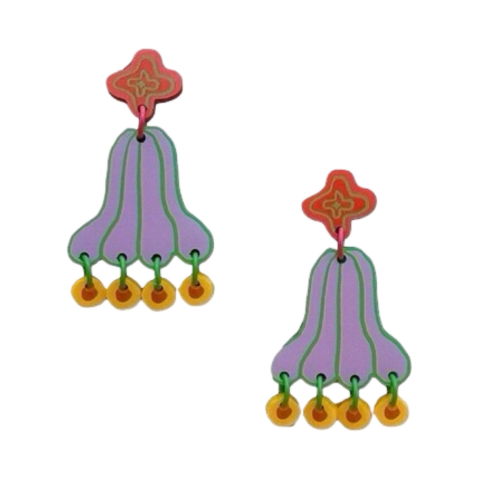 A pair of botanical inspired earrings with red flower studs, lilac leaves and yellow blossoms hanging underneath.