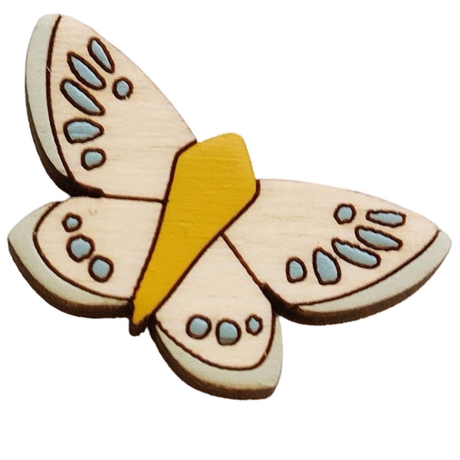 Wooden butterfly with yellow centre and beige and blue wings on a white background.