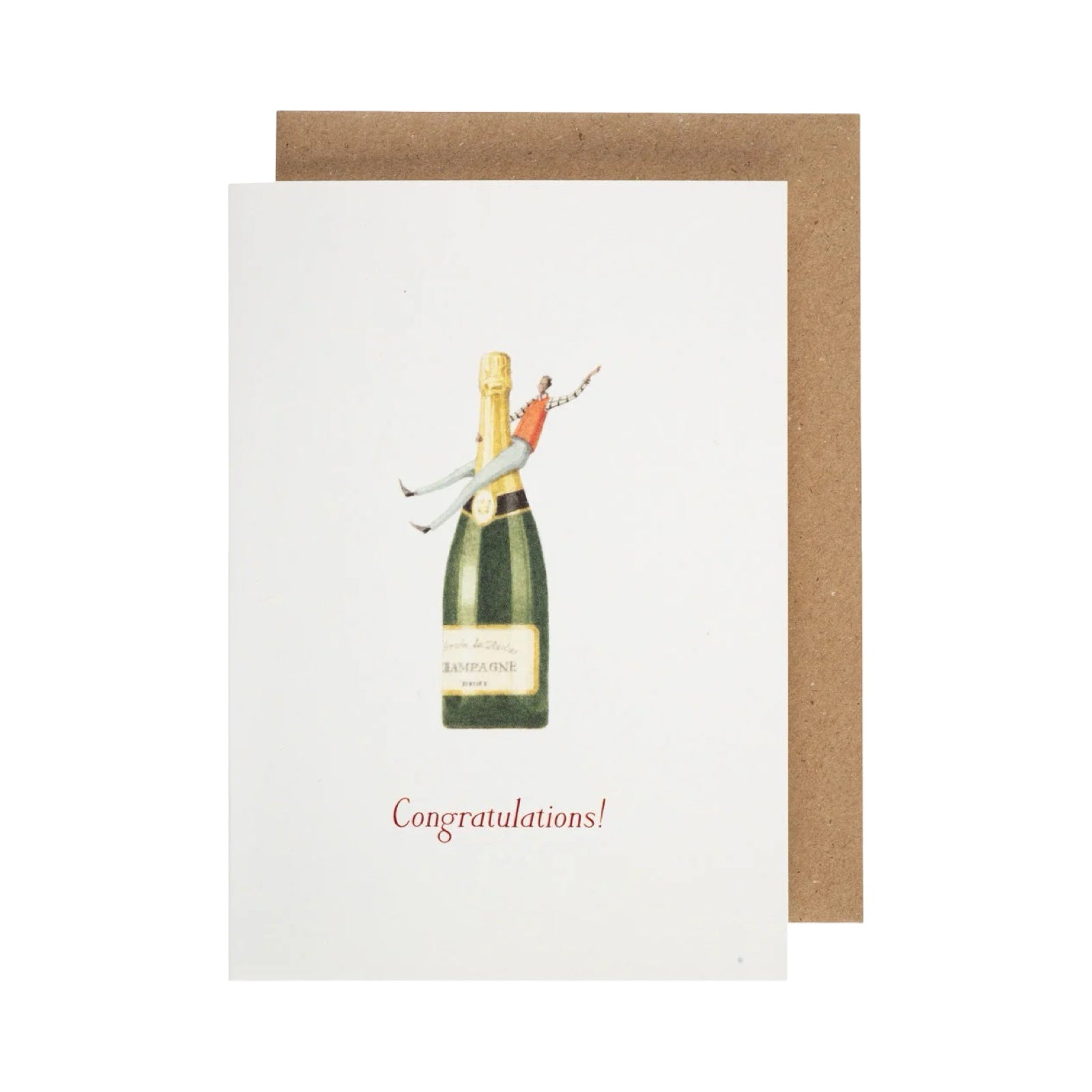 Greeting card with champagne bottle illustration and 'Congratulations!' text, brown envelope.