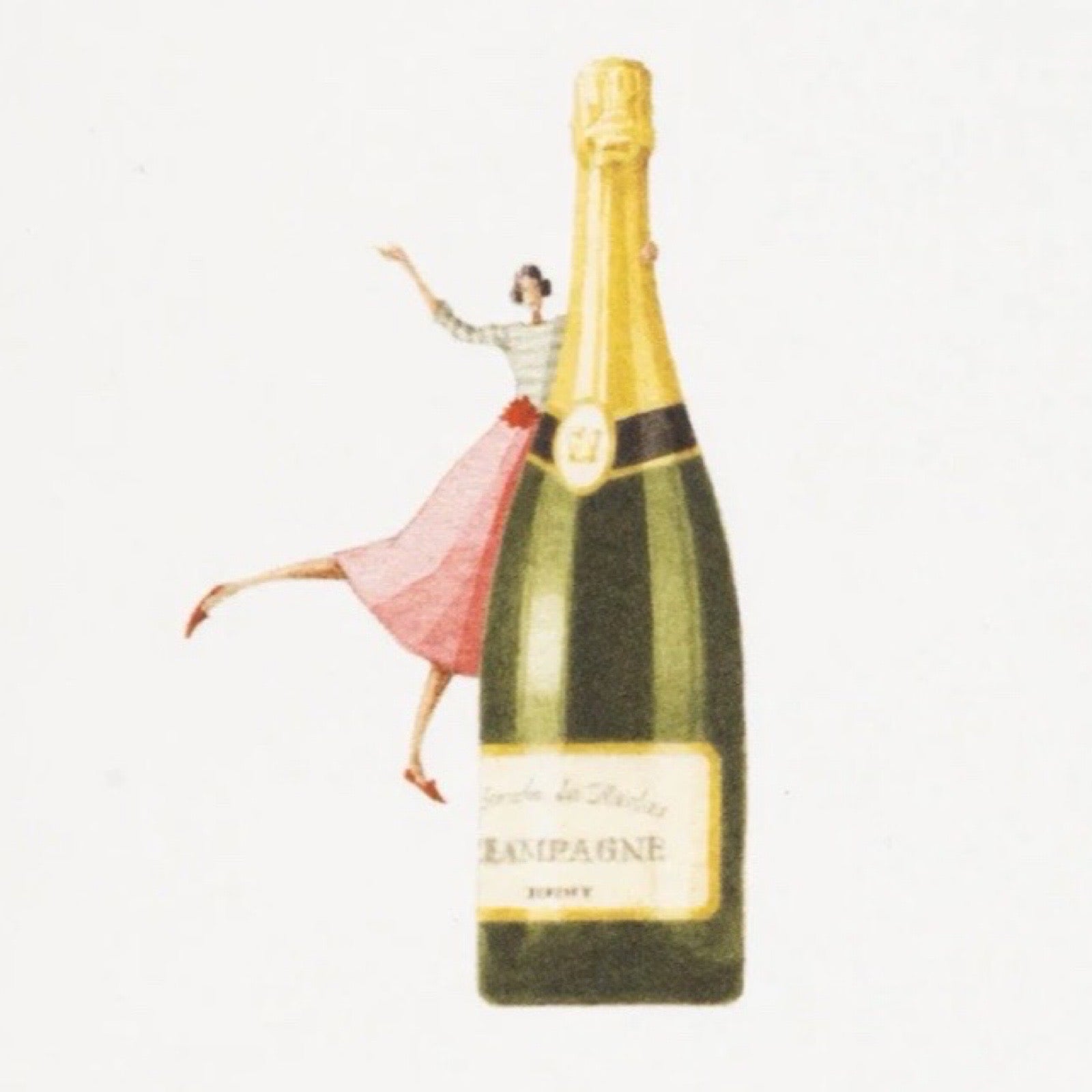 Illustration of a champagne bottle with a woman against a white background.