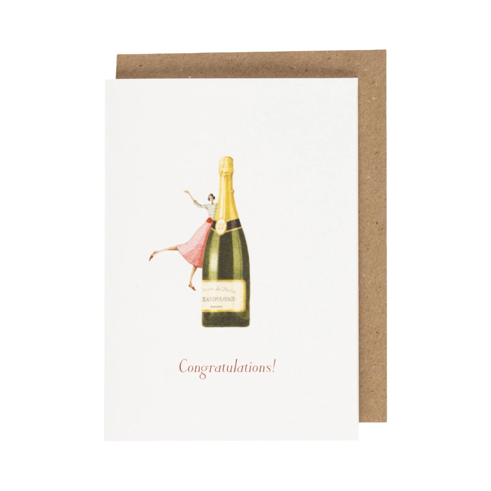 Greeting card with illustration of a woman popping champagne bottle on a white background.
